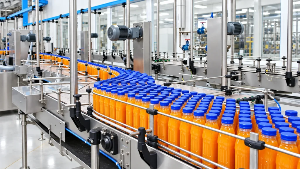 Bottles on a beverage conveying line