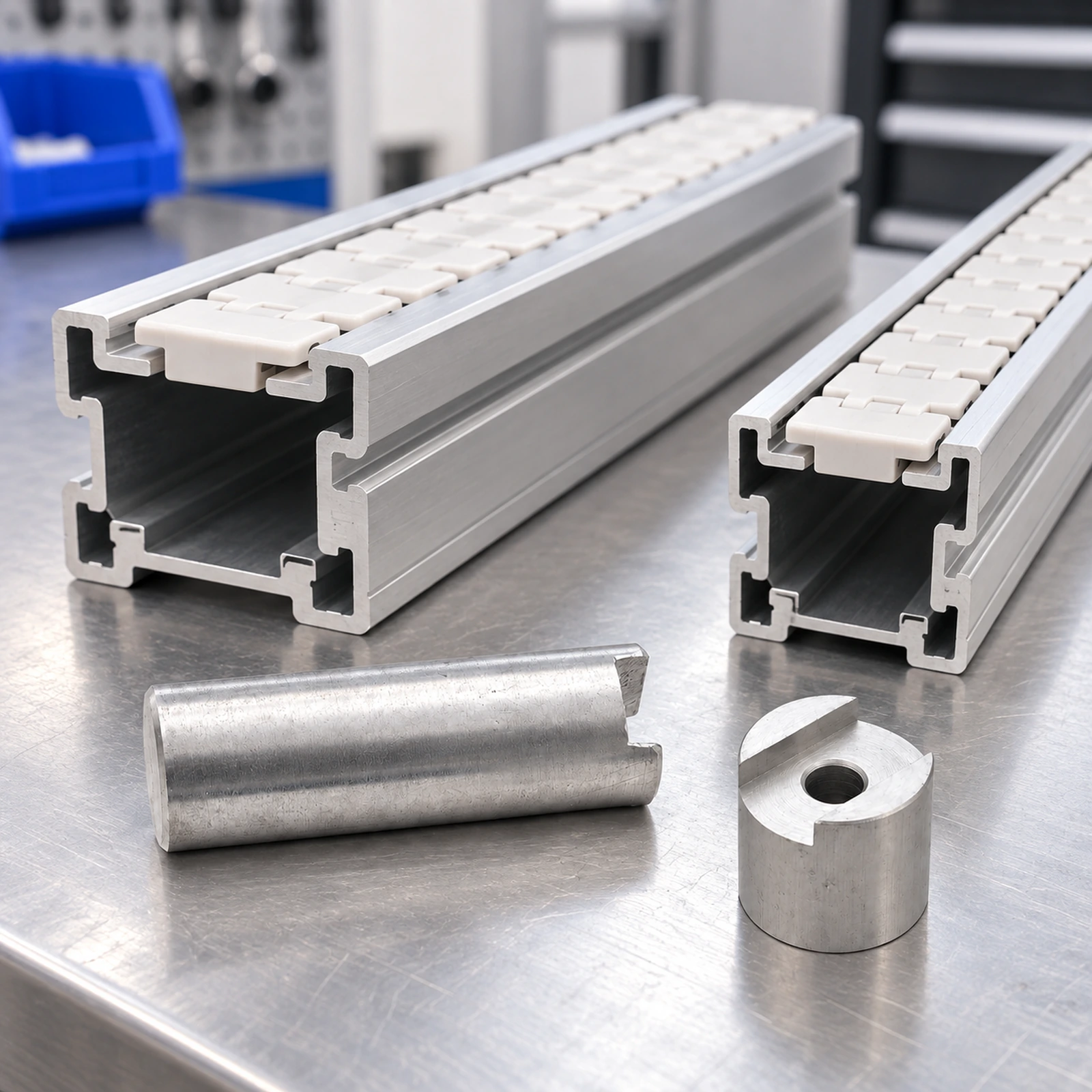 Illustration of beam spacer connectors beside conveyor beams