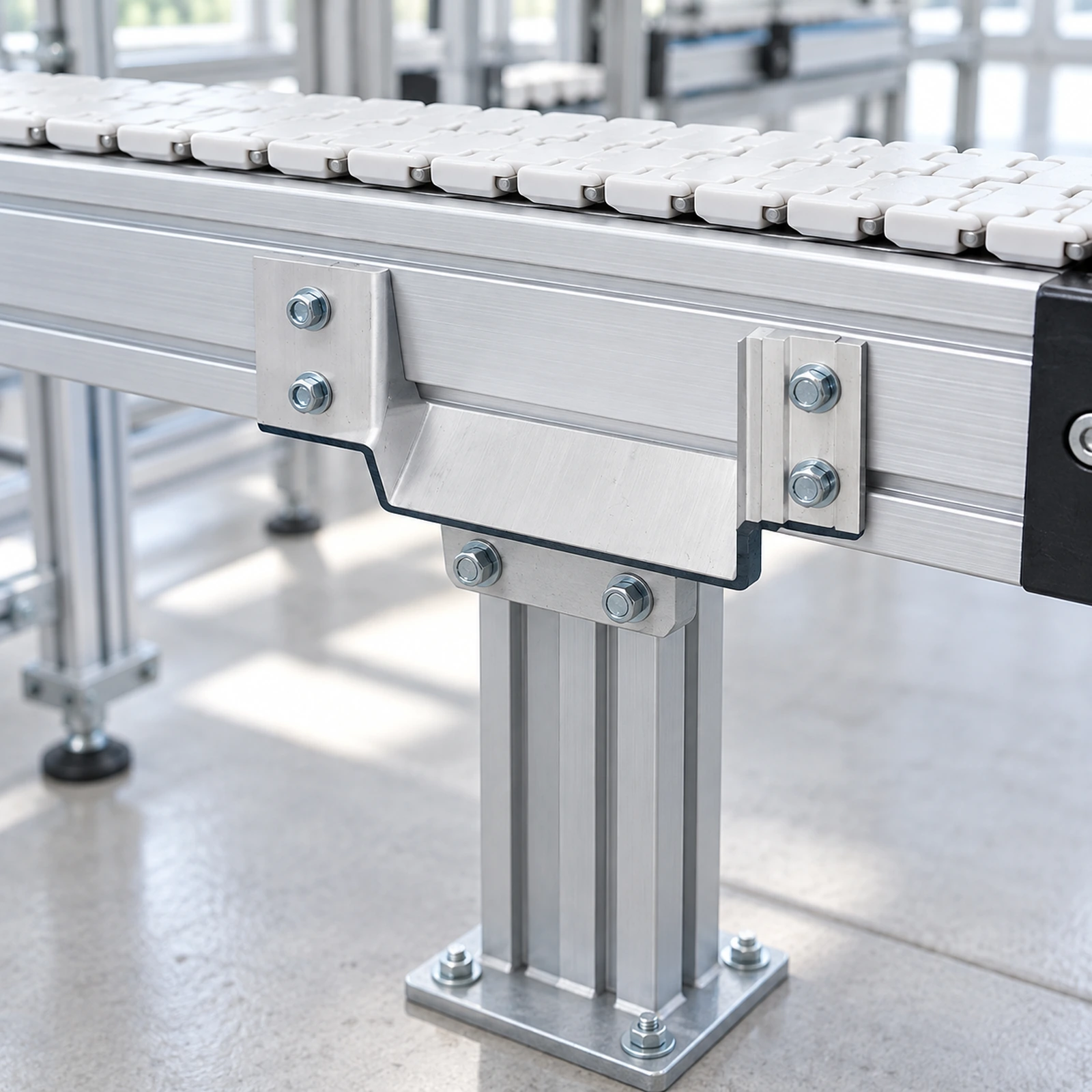 Illustration of beam support mounted under a conveyor