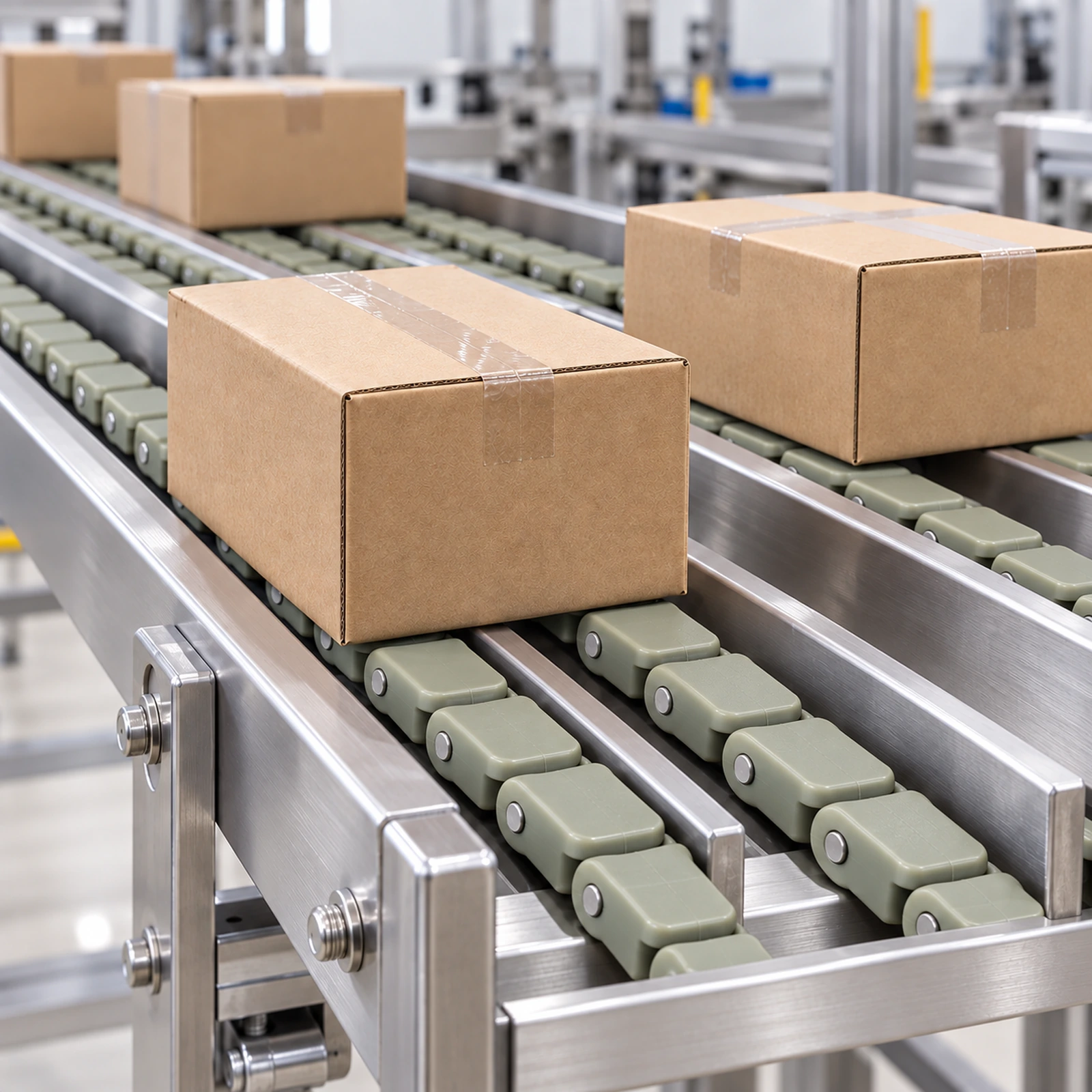 Illustration of case conveyor chain carrying cartons