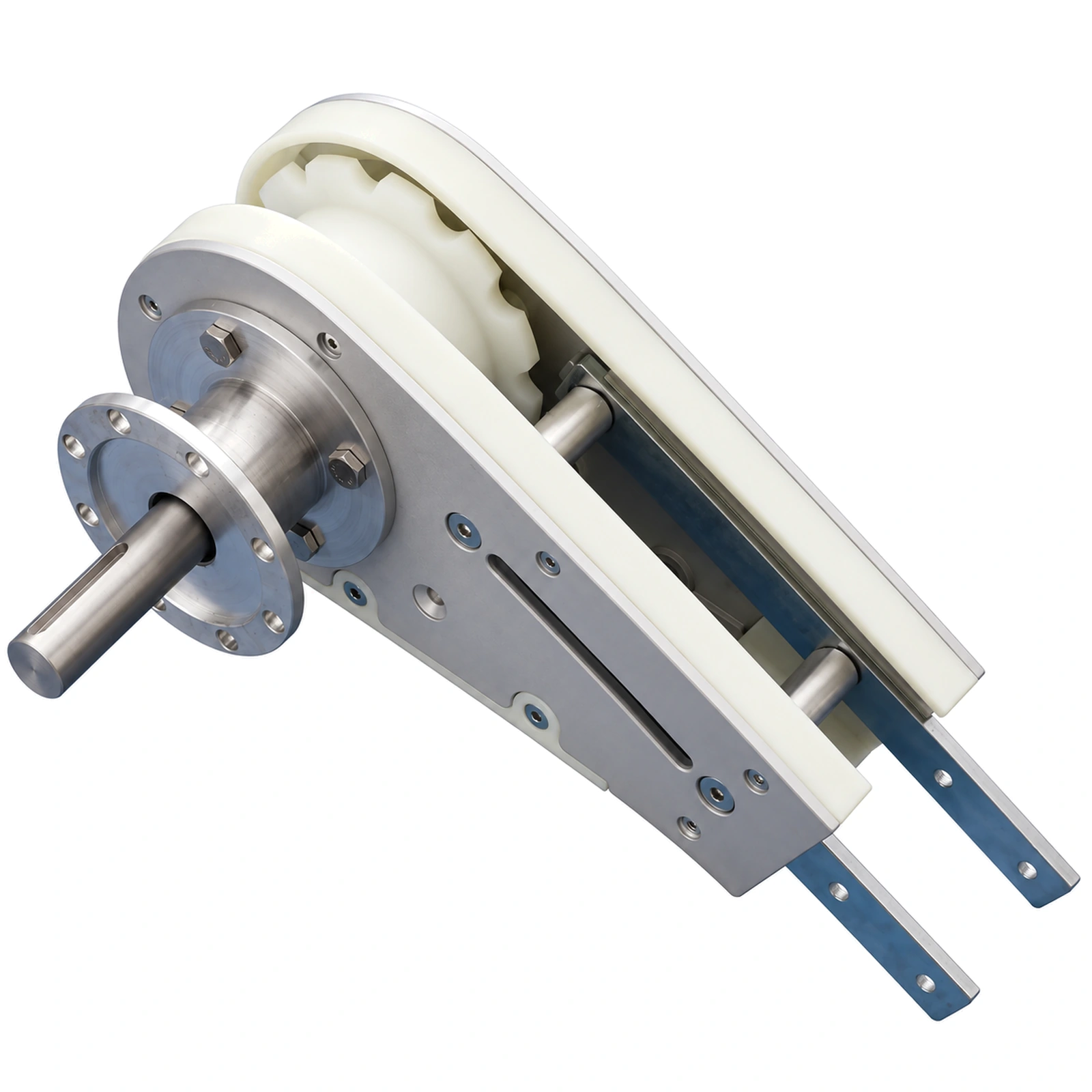 Flexible chain conveyor drive head with external shaft and flange
