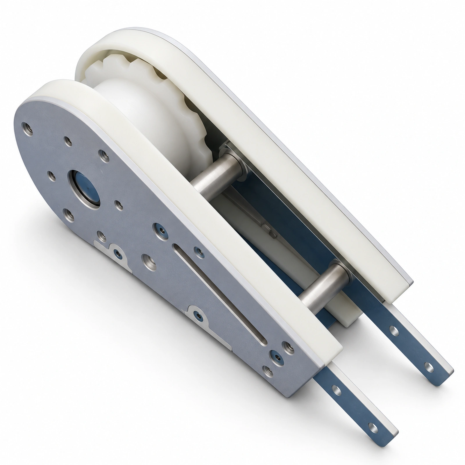 Close-up of idler end wheel and side plates