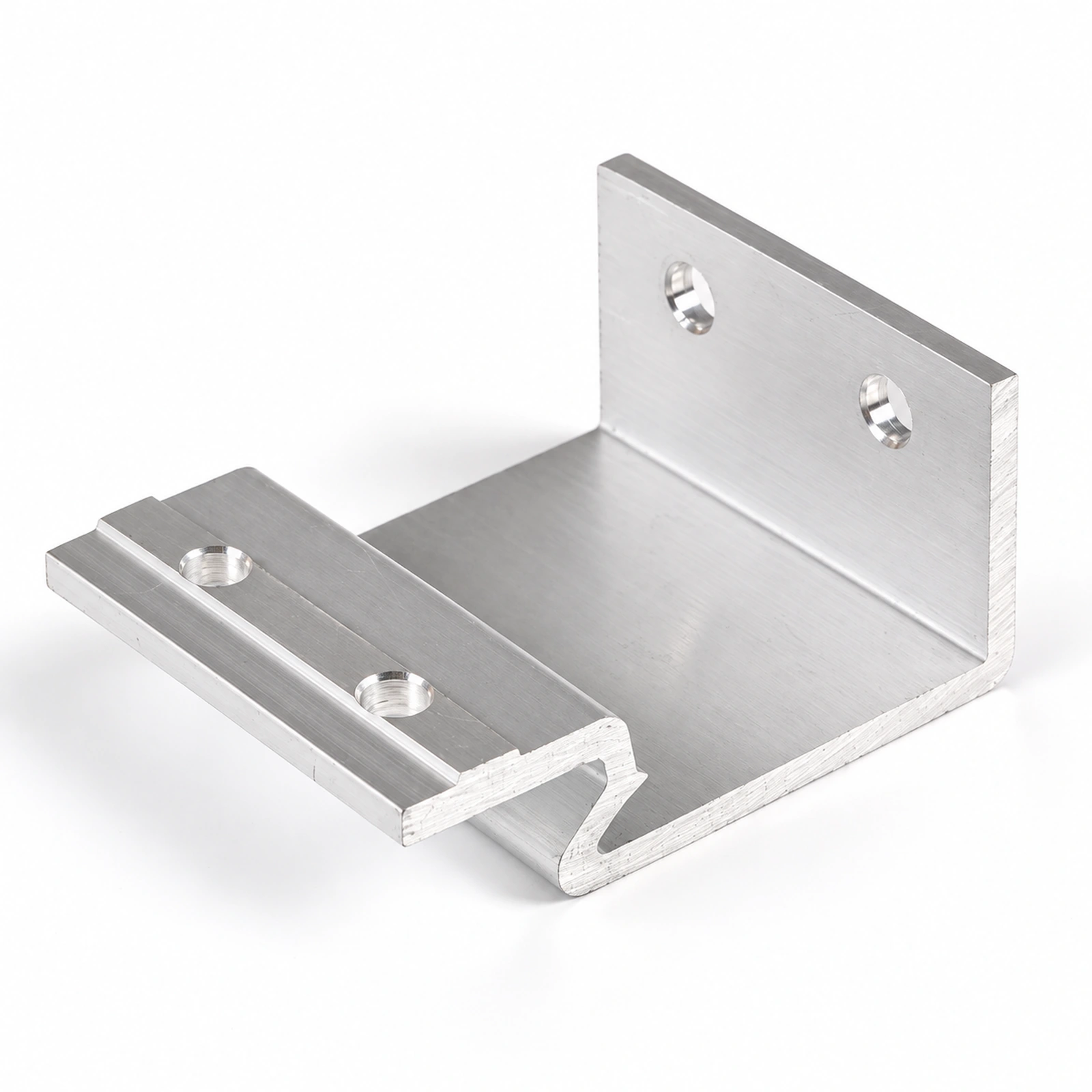 Close-up of an L-shaped support bracket with slots and four holes