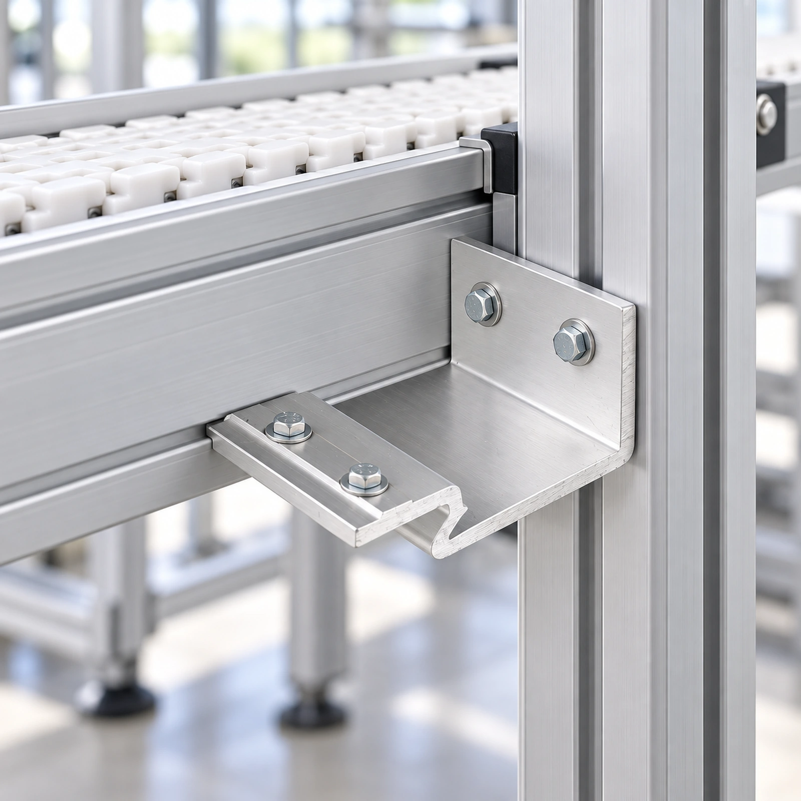 Illustration of an L-shaped support joining a conveyor beam to a post