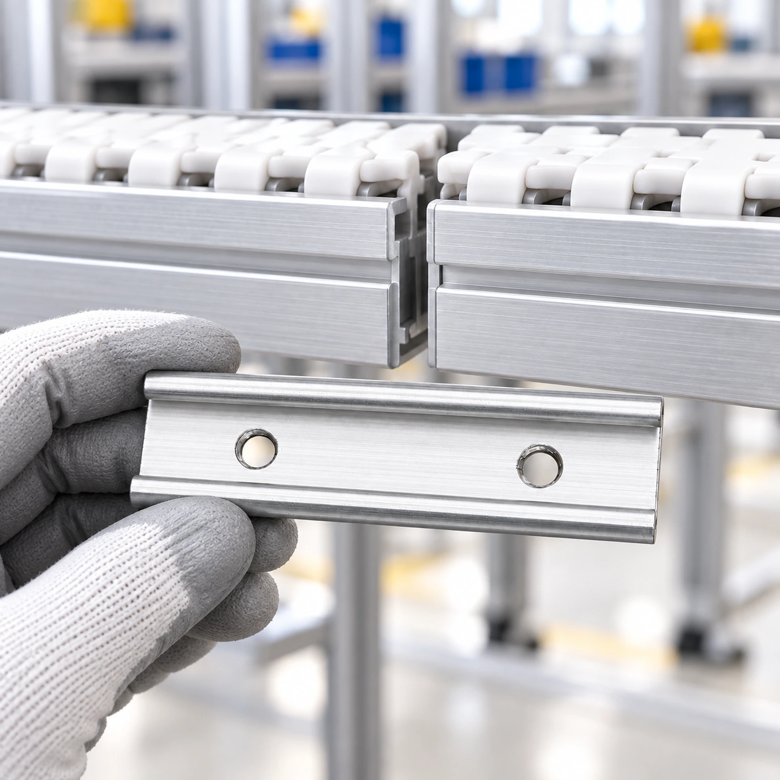 Illustration of a connecting strip held near a conveyor beam joint