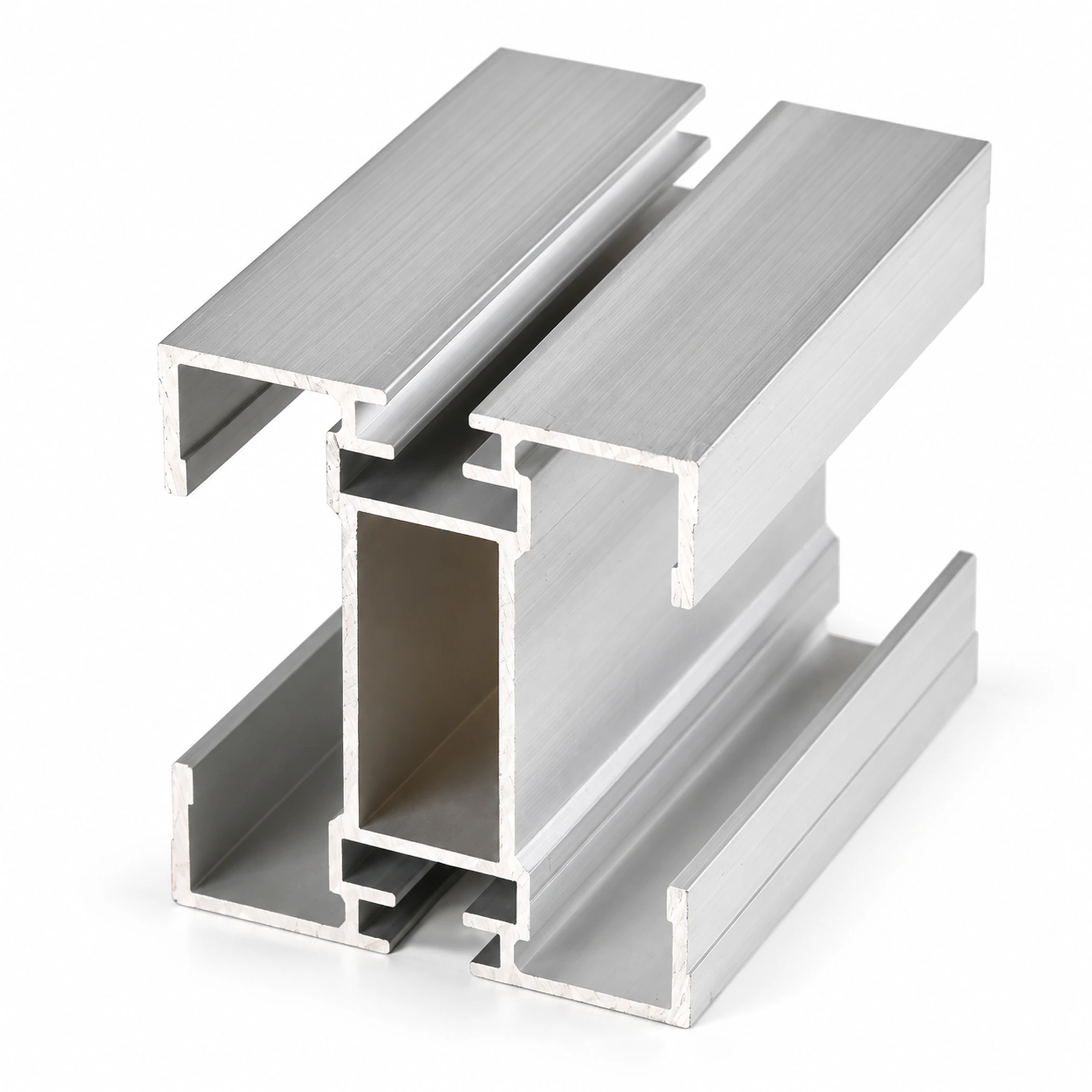 Close-up of an aluminum conveyor beam cut face and channels