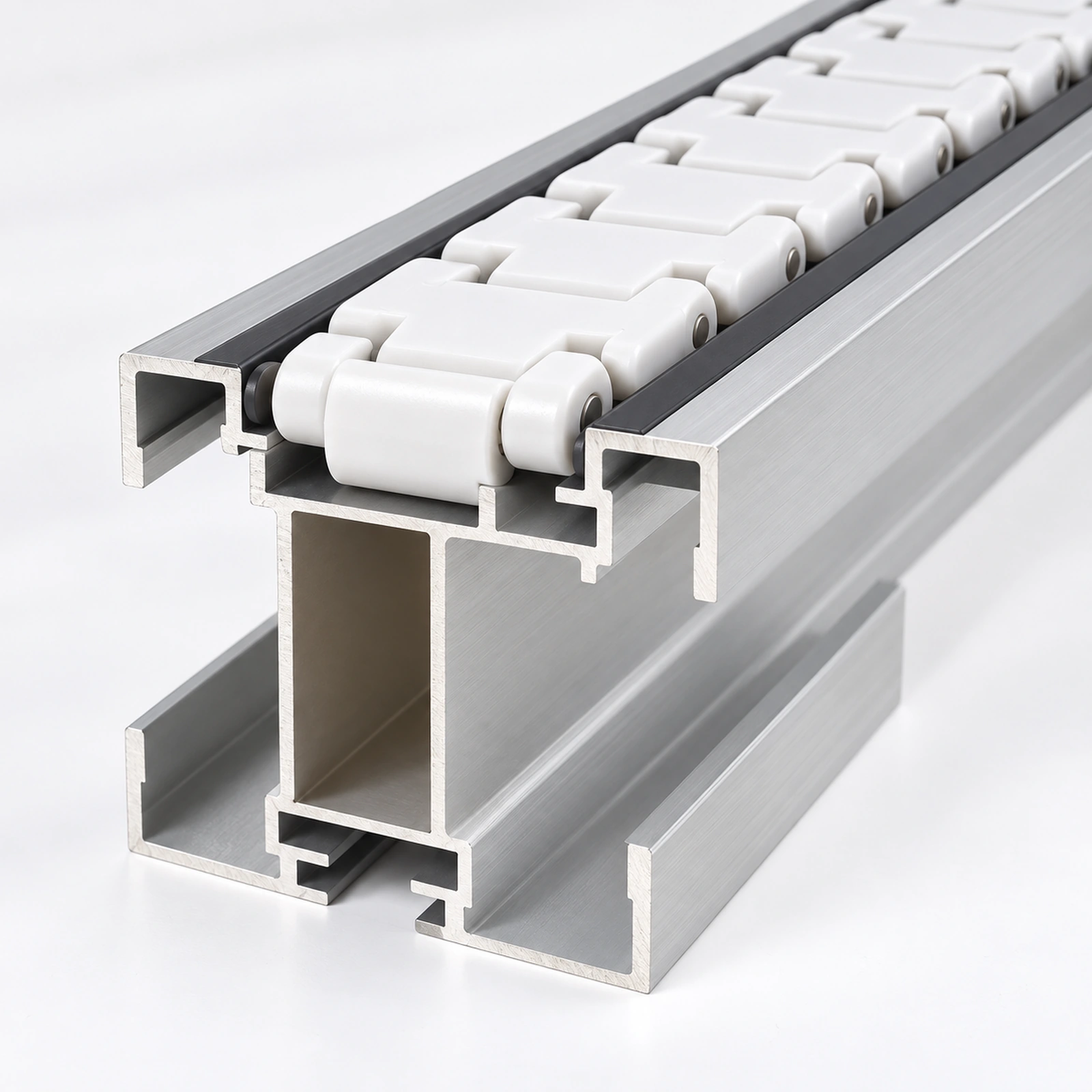 Illustration of flexible chain supported by an aluminum conveyor beam