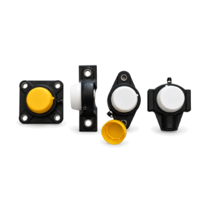 Four conveyor bearing housings on white