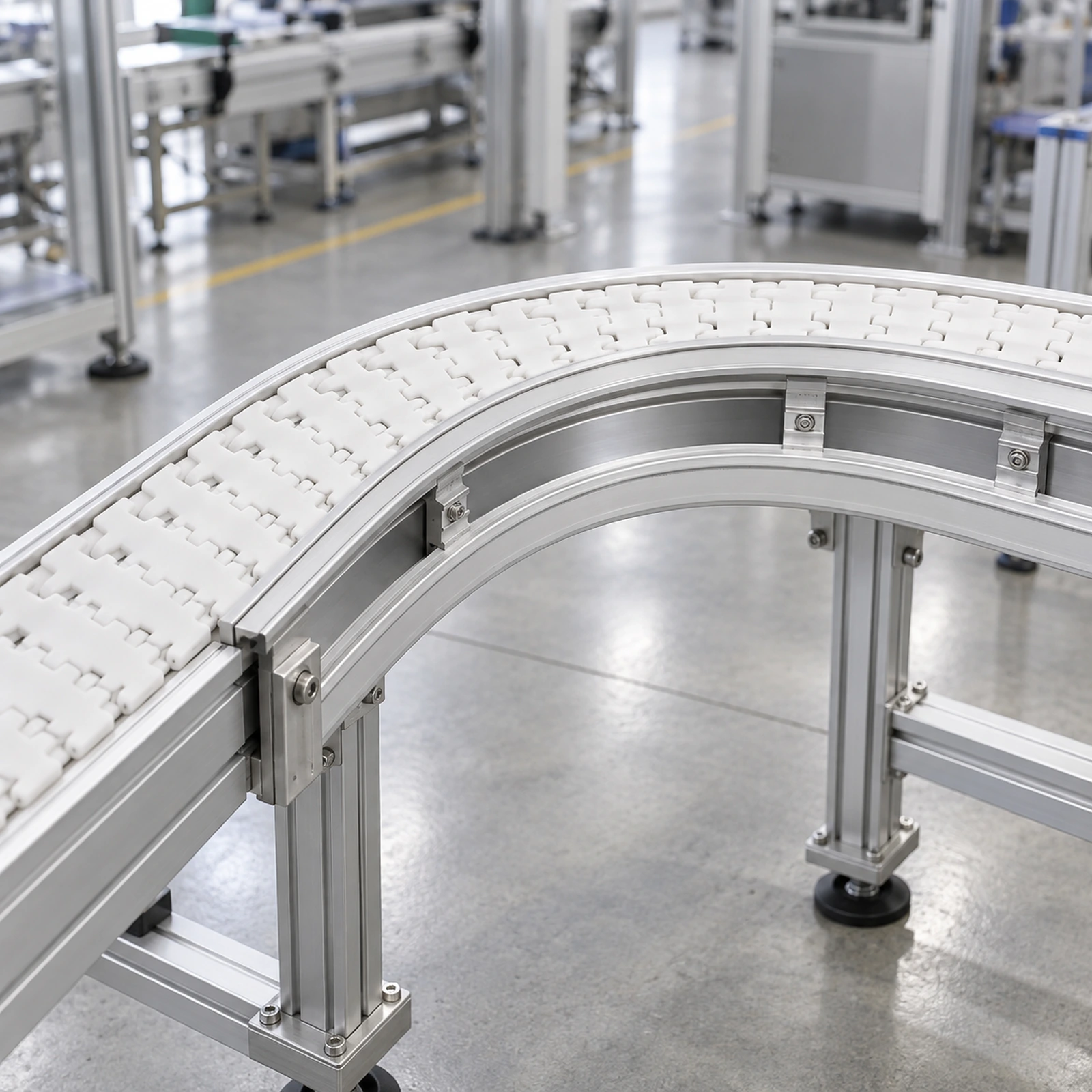 Illustration of white flexible chain following a horizontal conveyor bend