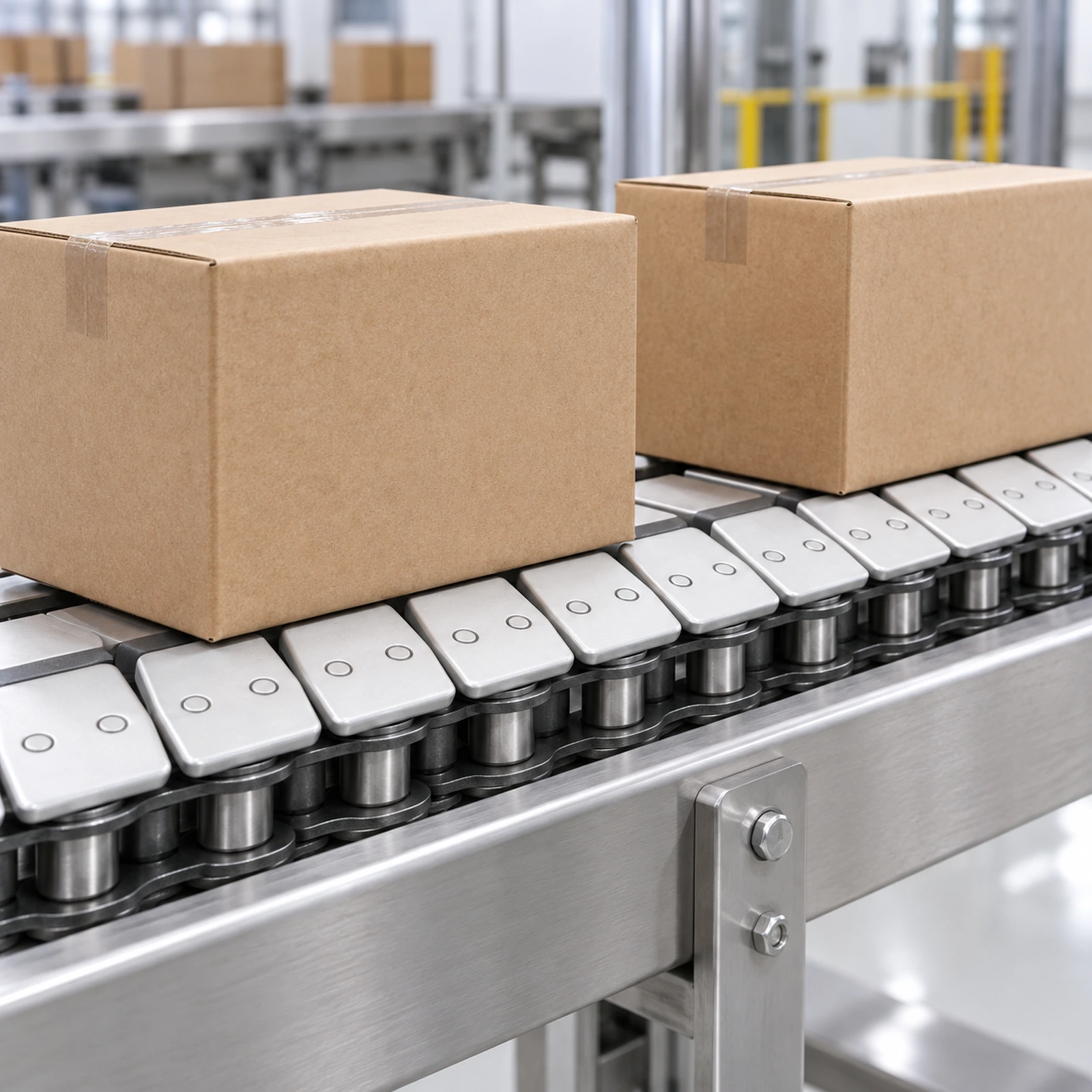 Illustrative boxes moving on a top-plate conveyor chain