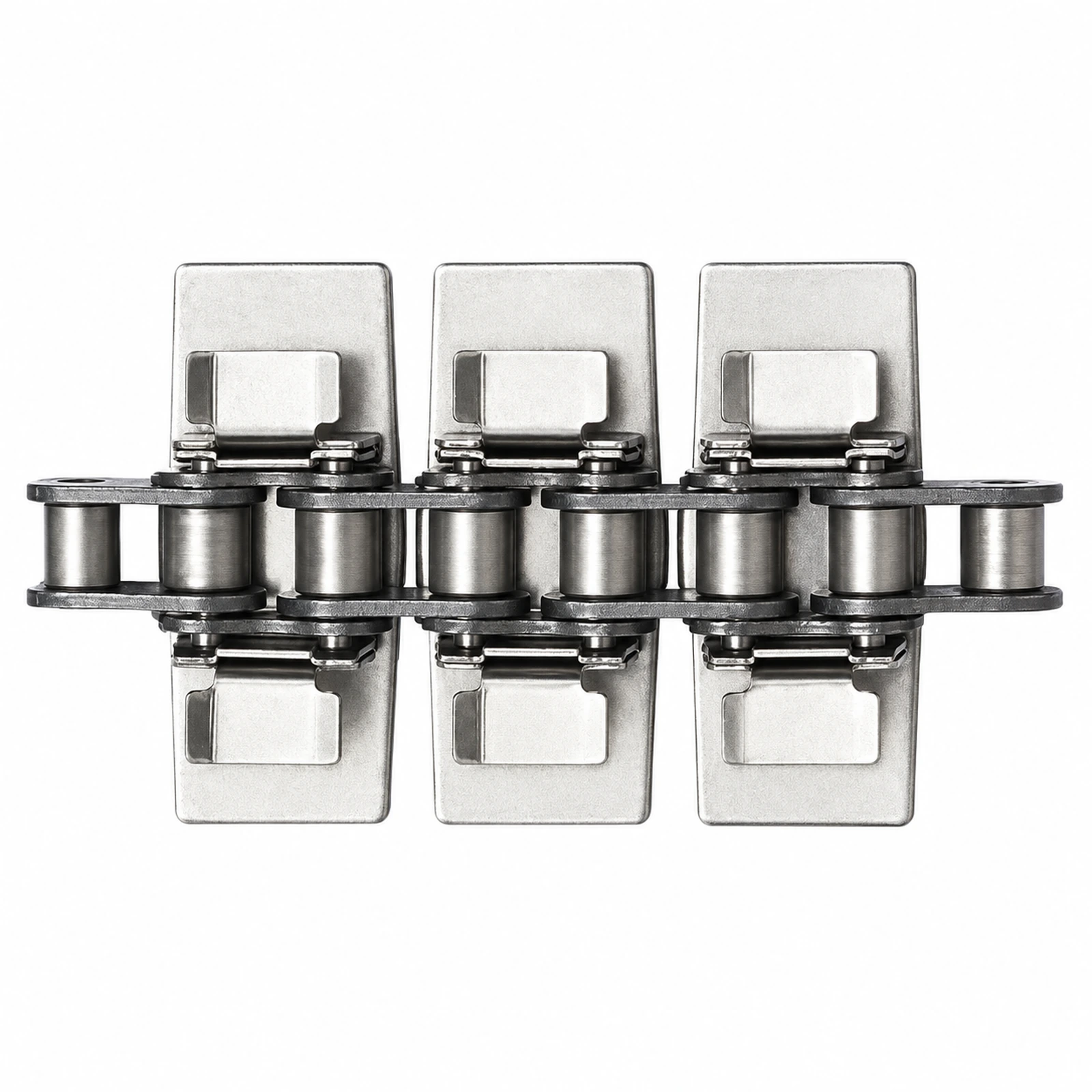 Close view of the metal roller chain and top-plate clips