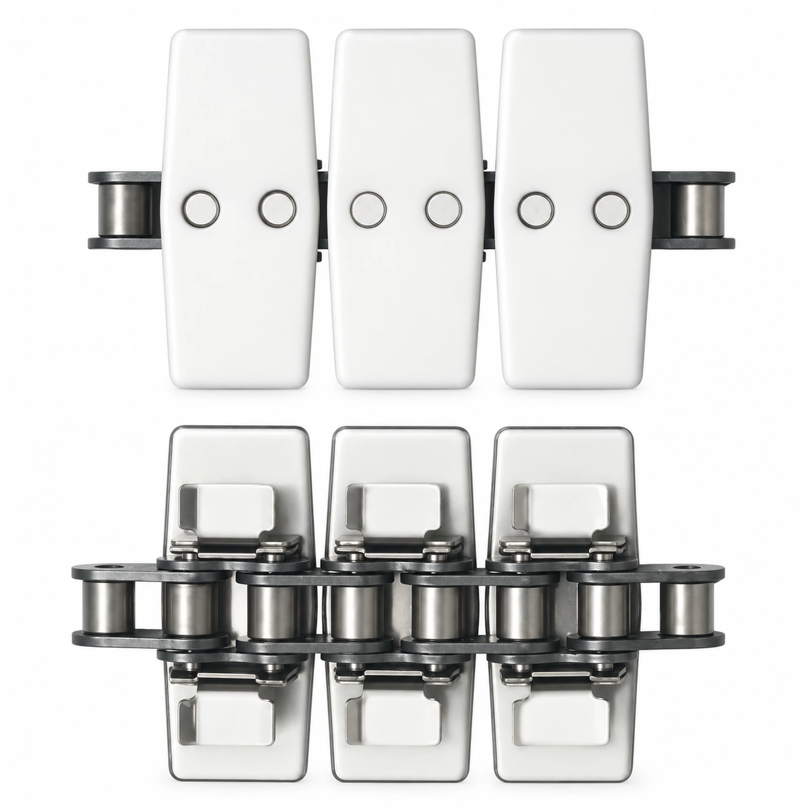 White conveyor top-plate chain shown from top and underside