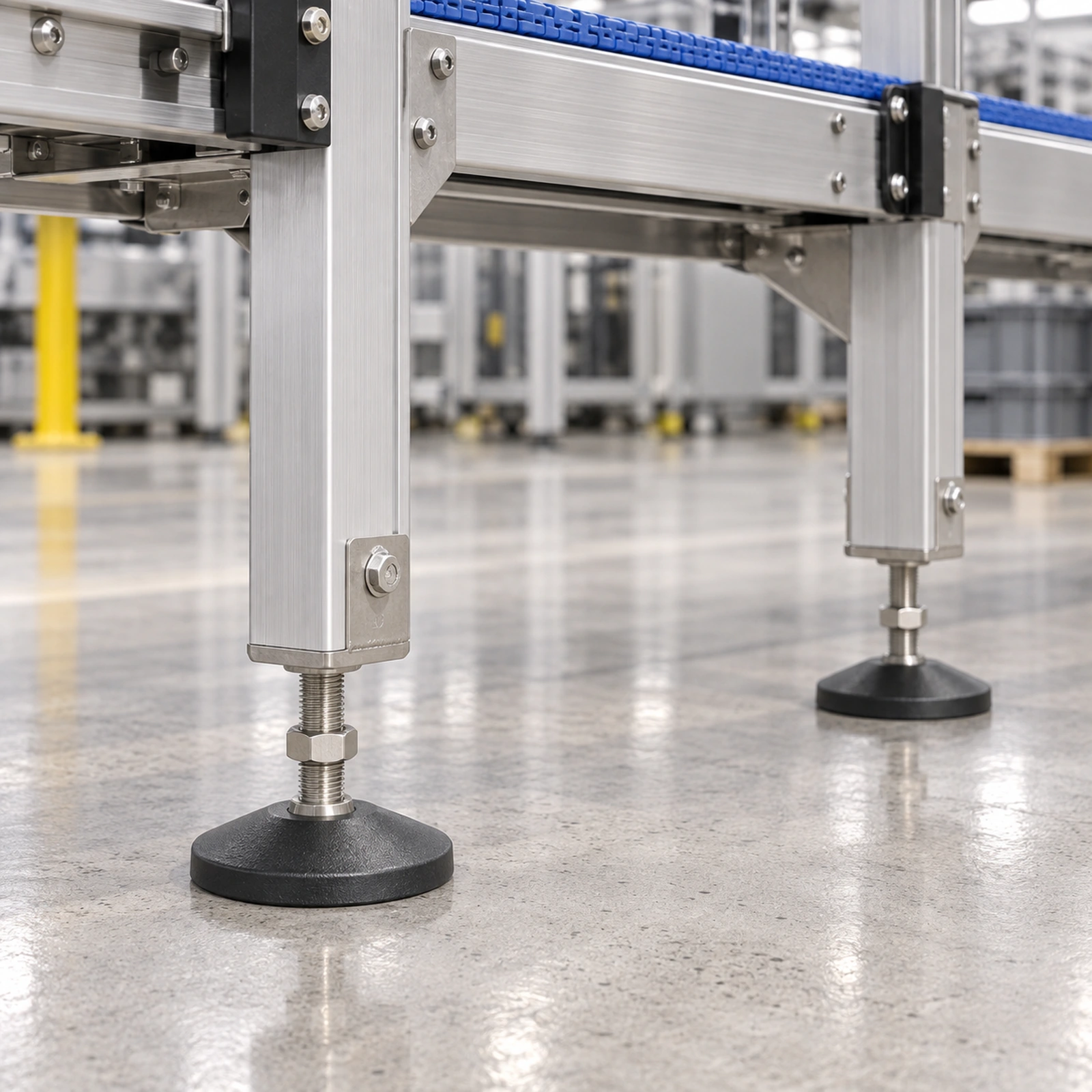 Leveling feet supporting a conveyor frame