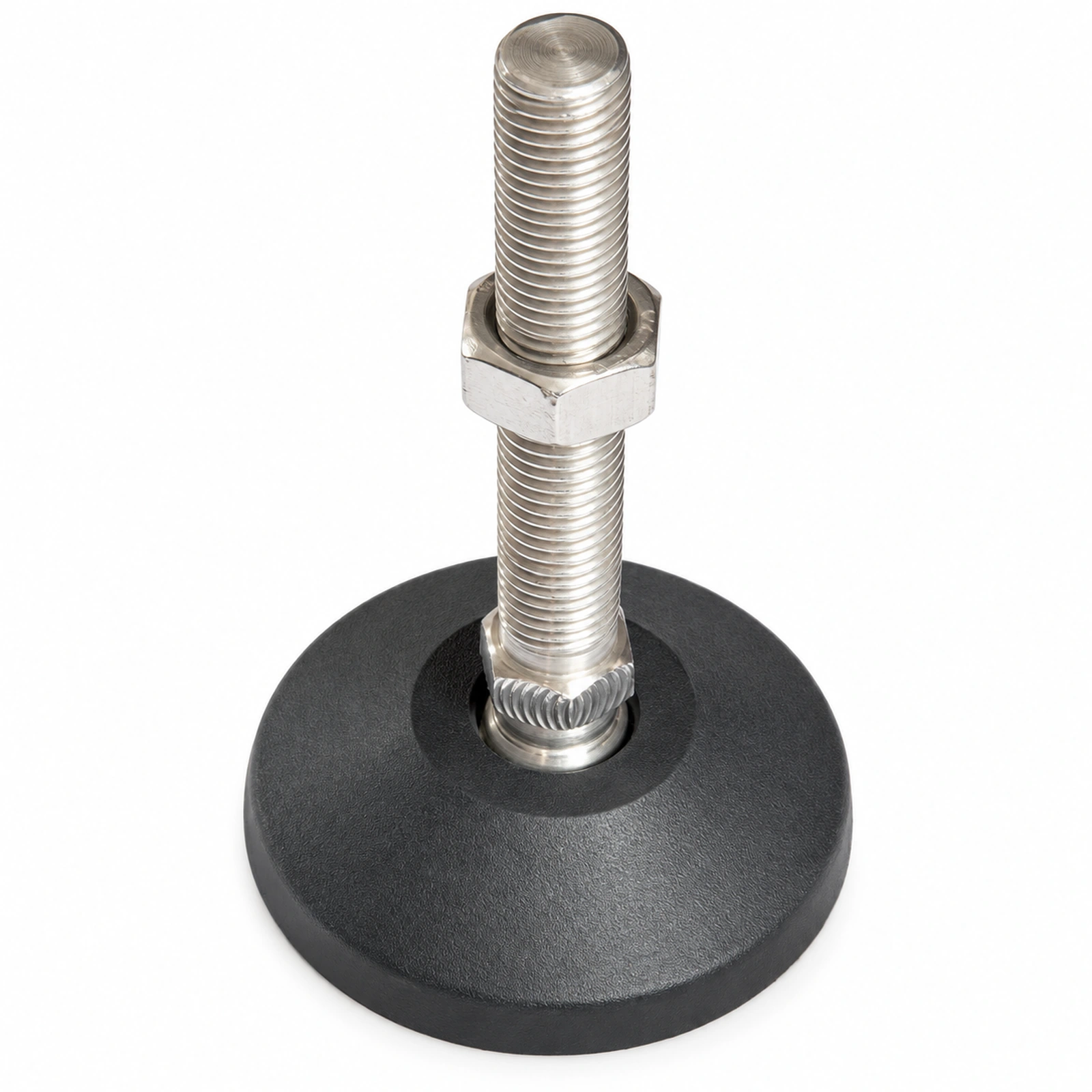 Close view of a threaded leveling foot with a black base