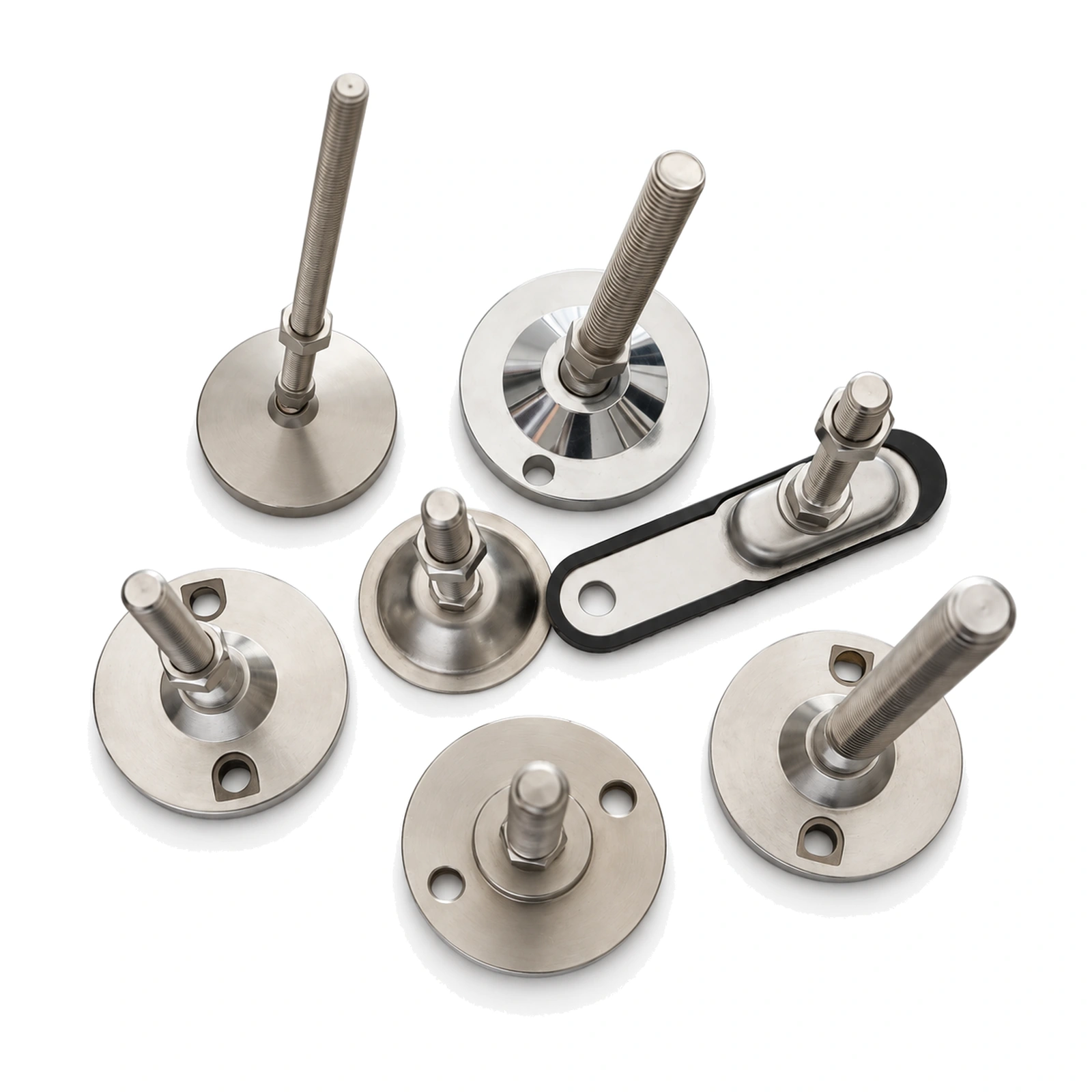 Several metal conveyor leveling feet and bases on white