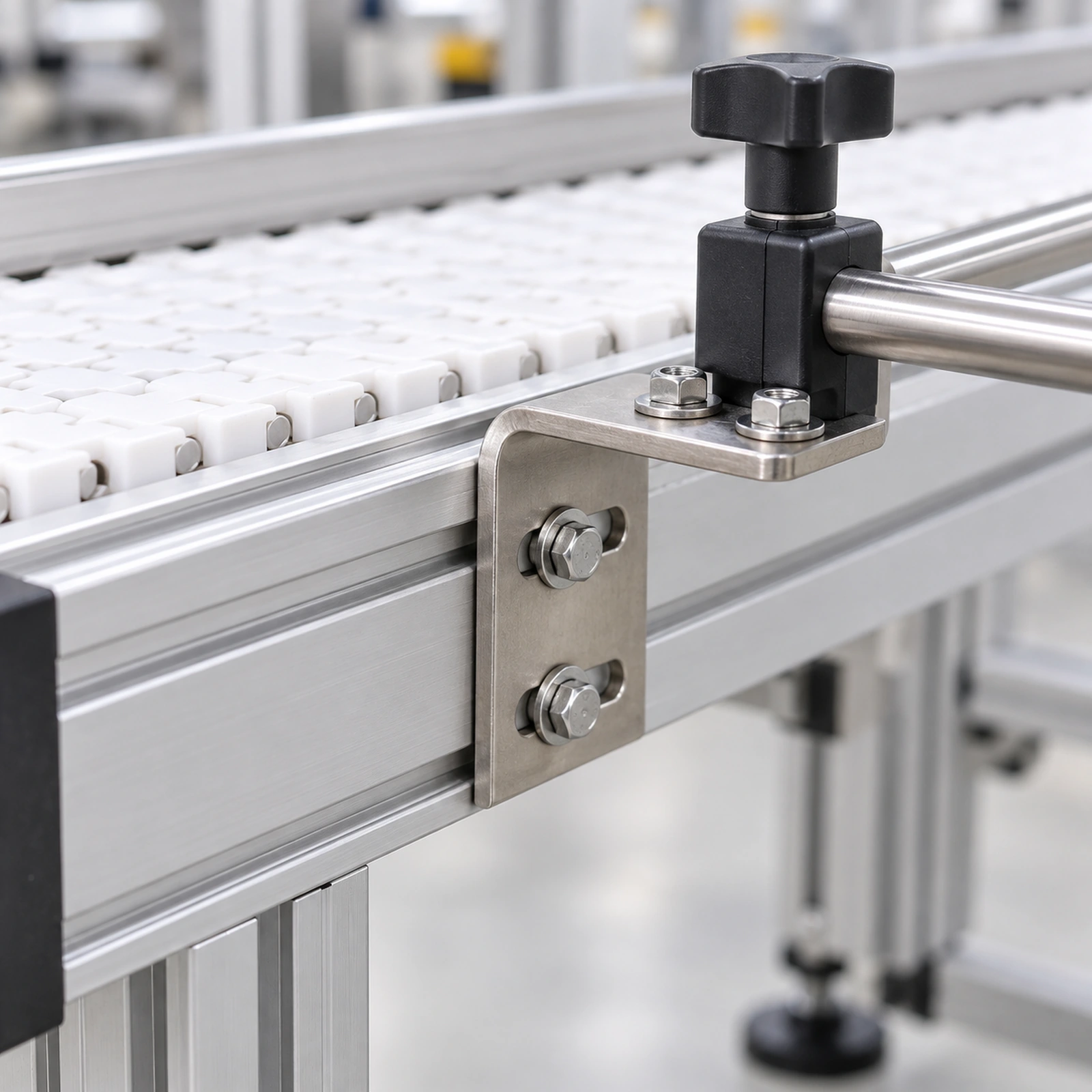 Illustrative bracket and rod support on a conveyor frame