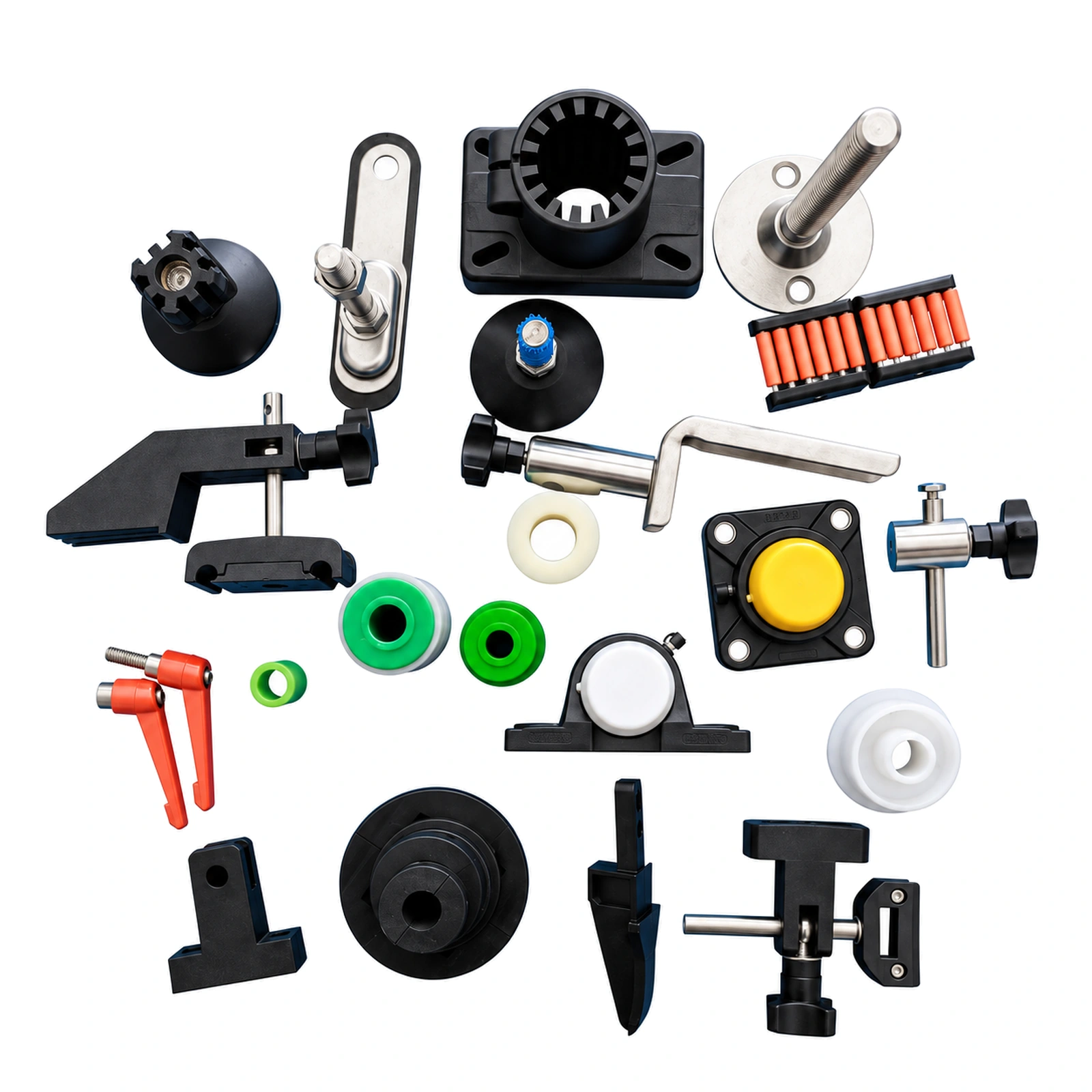Collection of conveyor mounting accessories on white