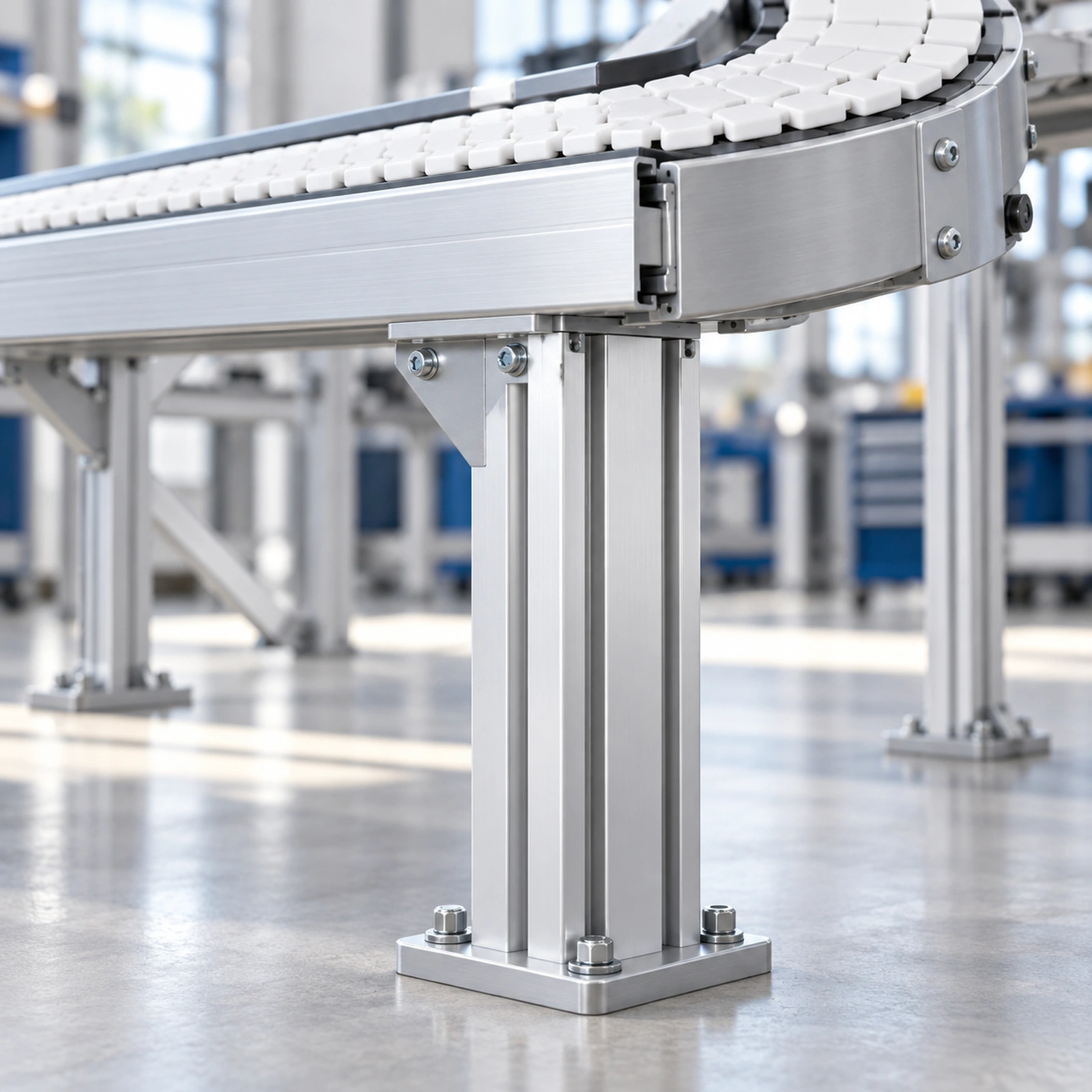 Illustration of aluminum profiles supporting a flexible chain conveyor
