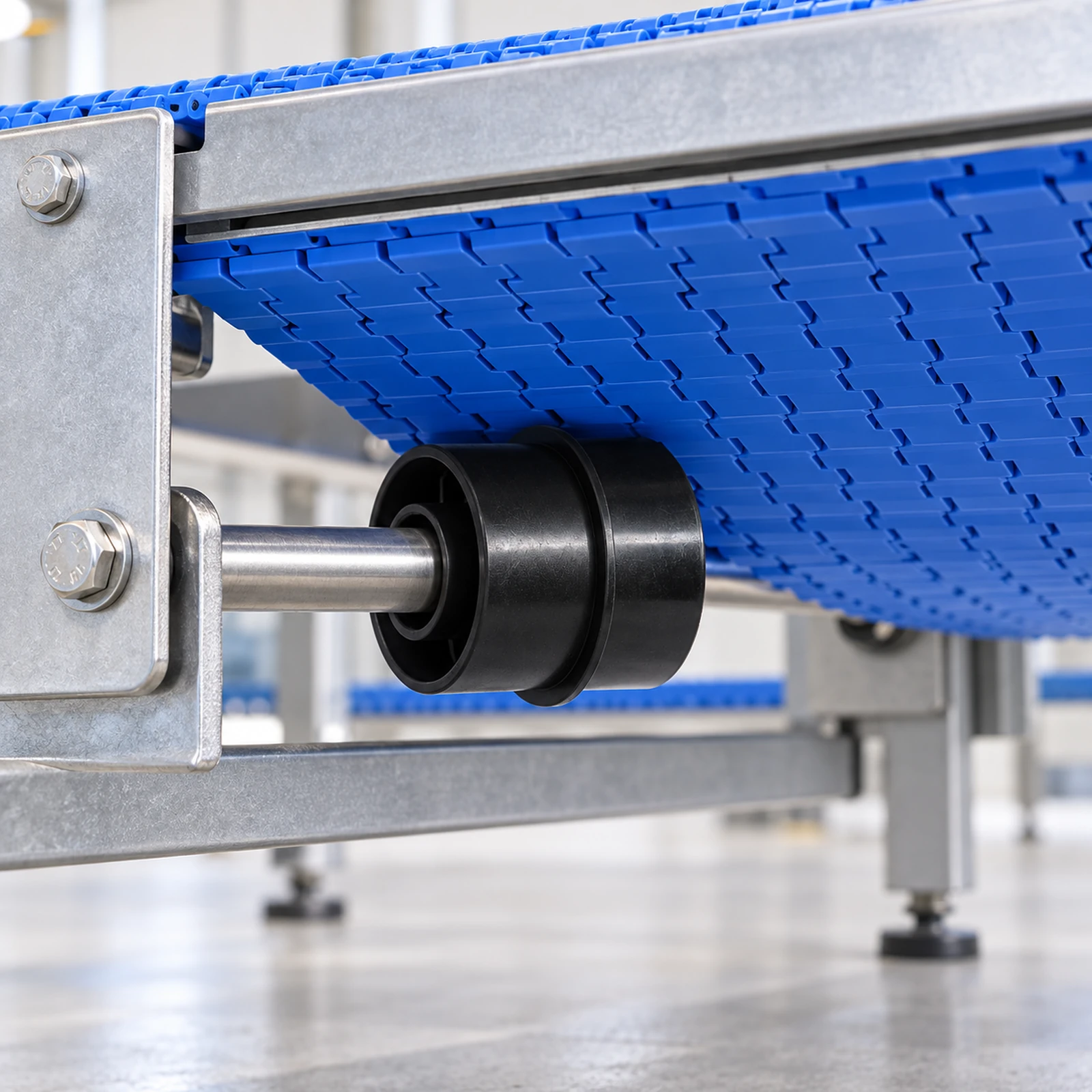 Illustrative black return wheel supporting a blue modular belt