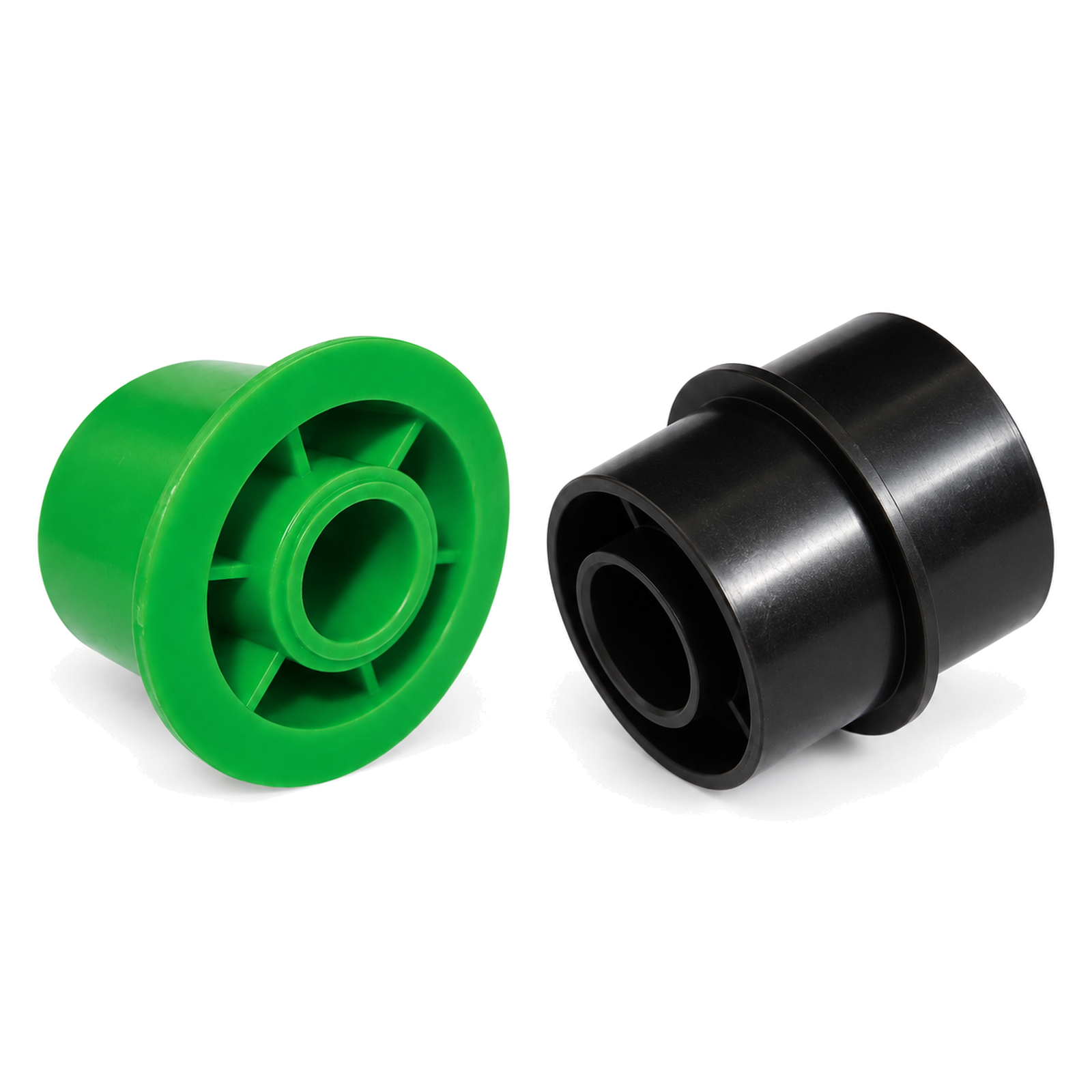 Green and black conveyor return wheels on white