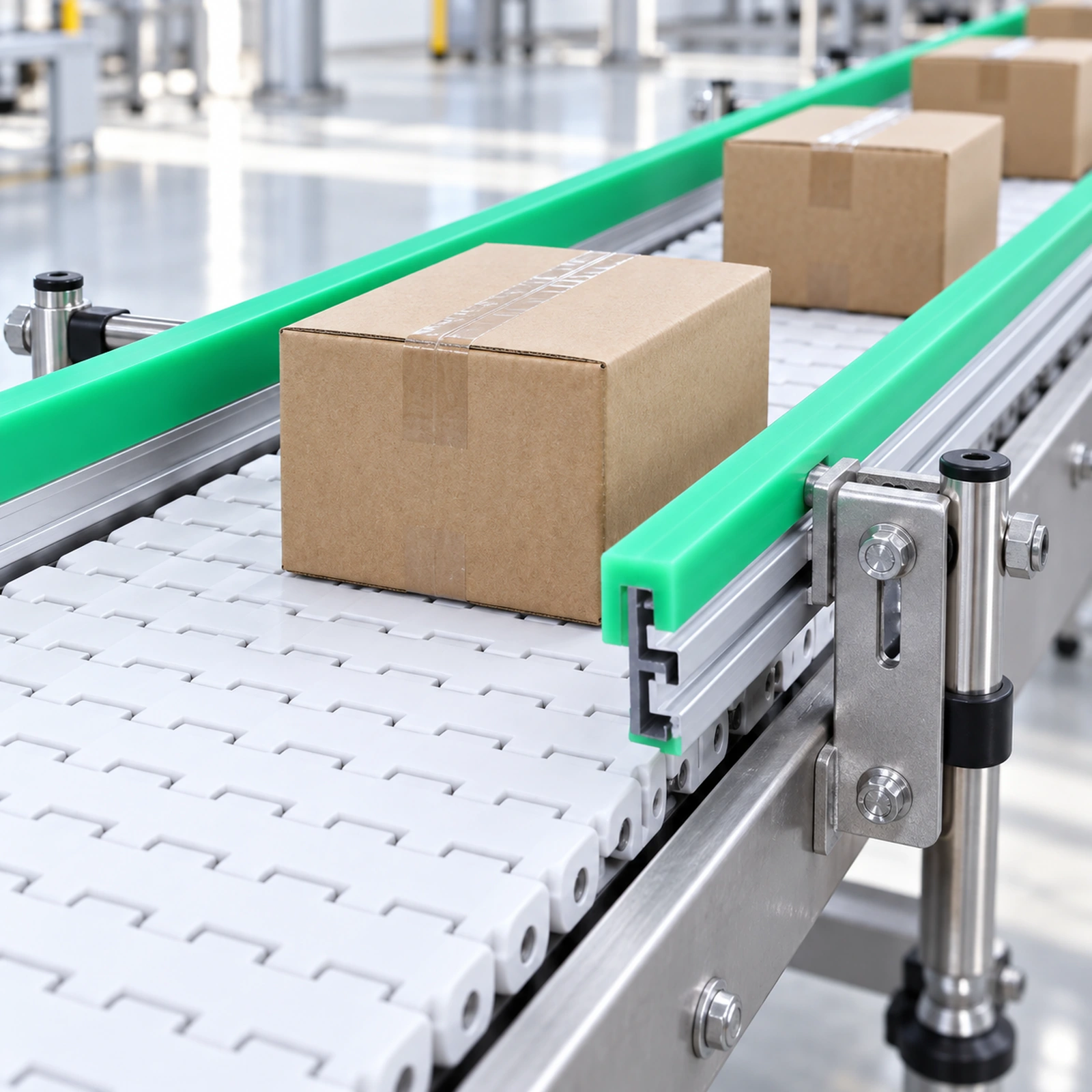 Boxes moving beside green side guide rails on a conveyor
