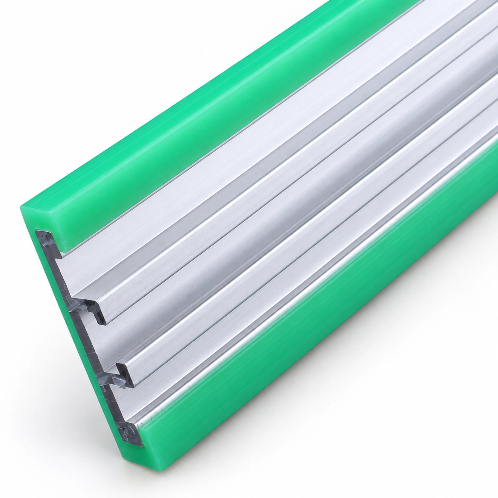 Close view of a green and silver side guide rail section