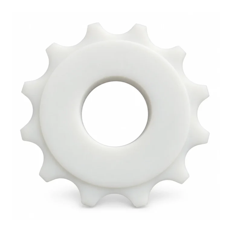 White conveyor sprocket with center bore on a white background