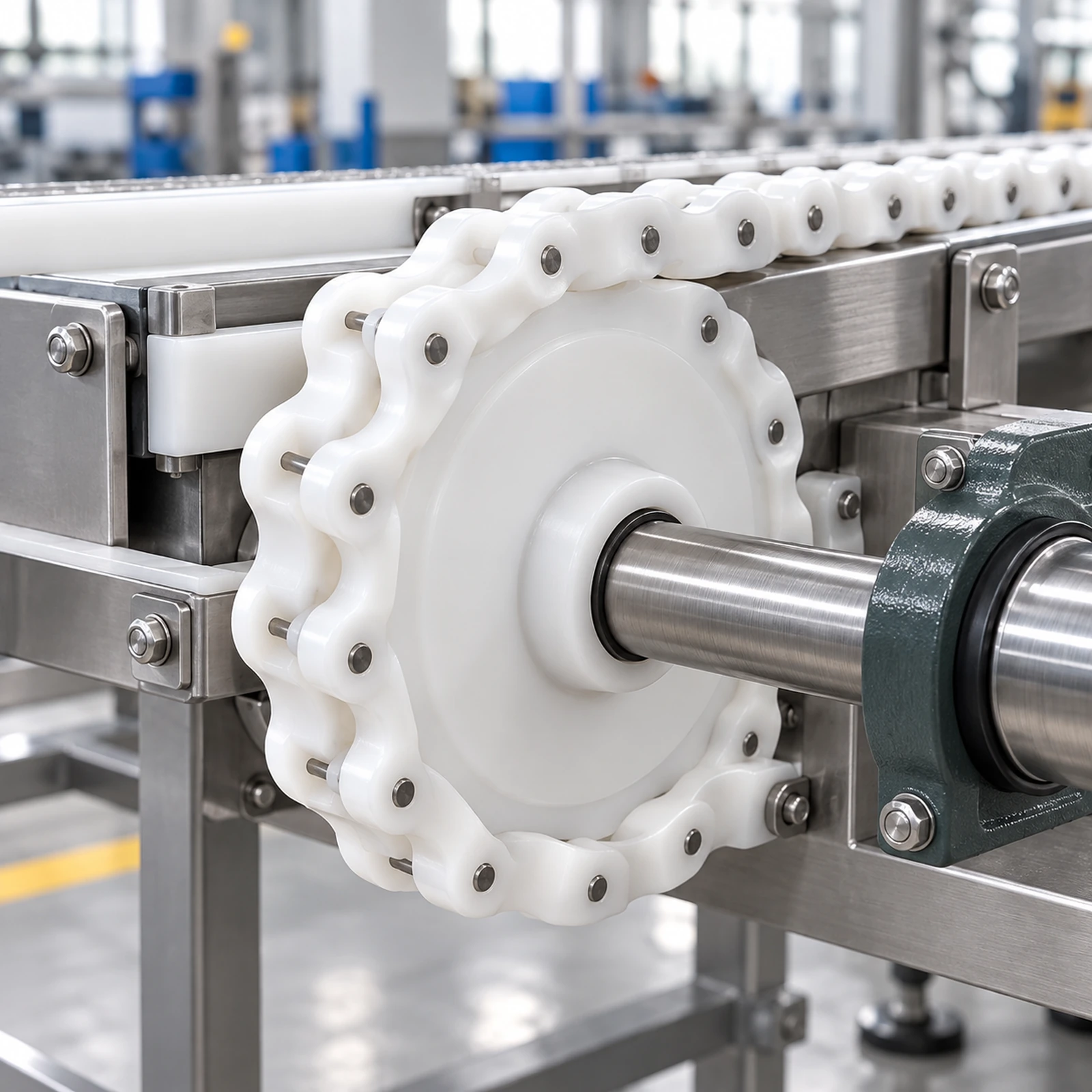 Illustrative chain conveyor scene showing a white chain around a sprocket on a shaft