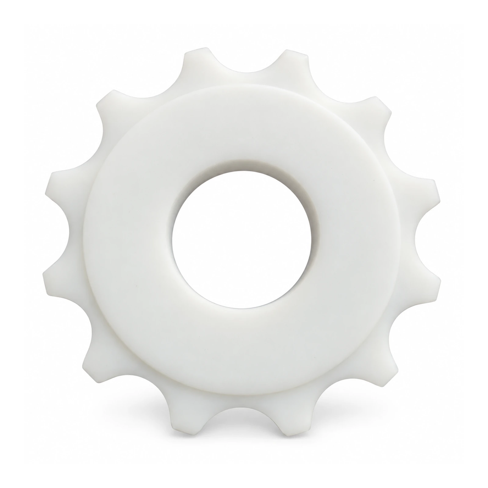 White conveyor sprocket with center bore on a white background