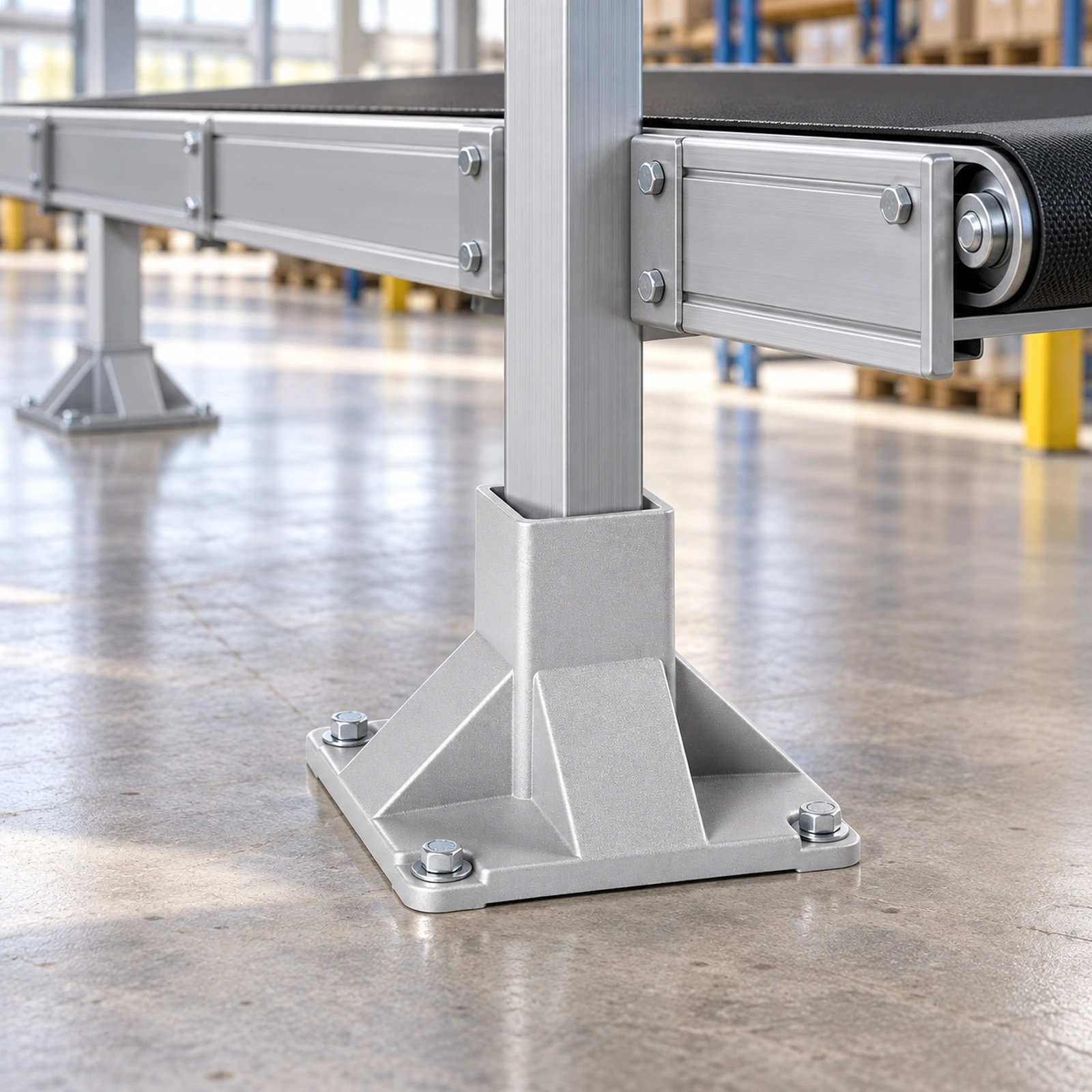 Conveyor frame mounted on a floor support base