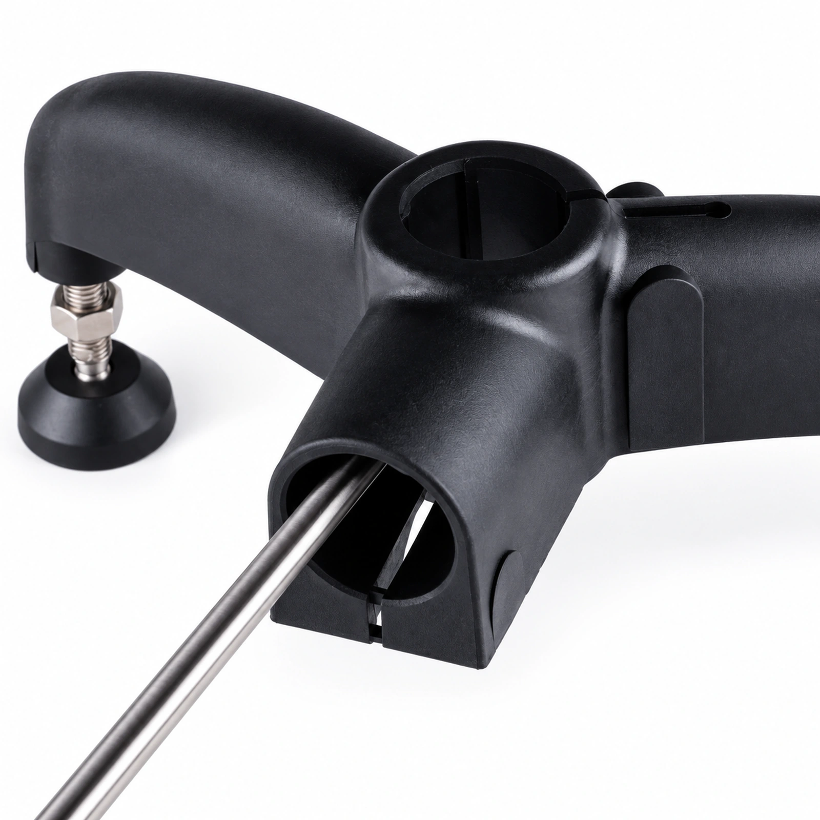 Close view of a black conveyor support fitting