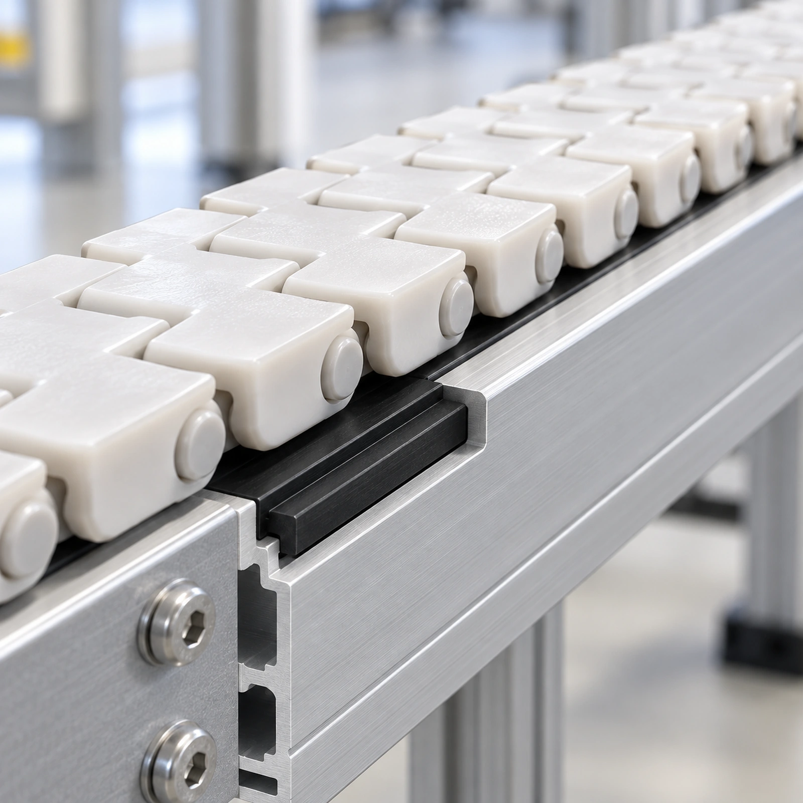 White conveyor chain running over a black wear strip