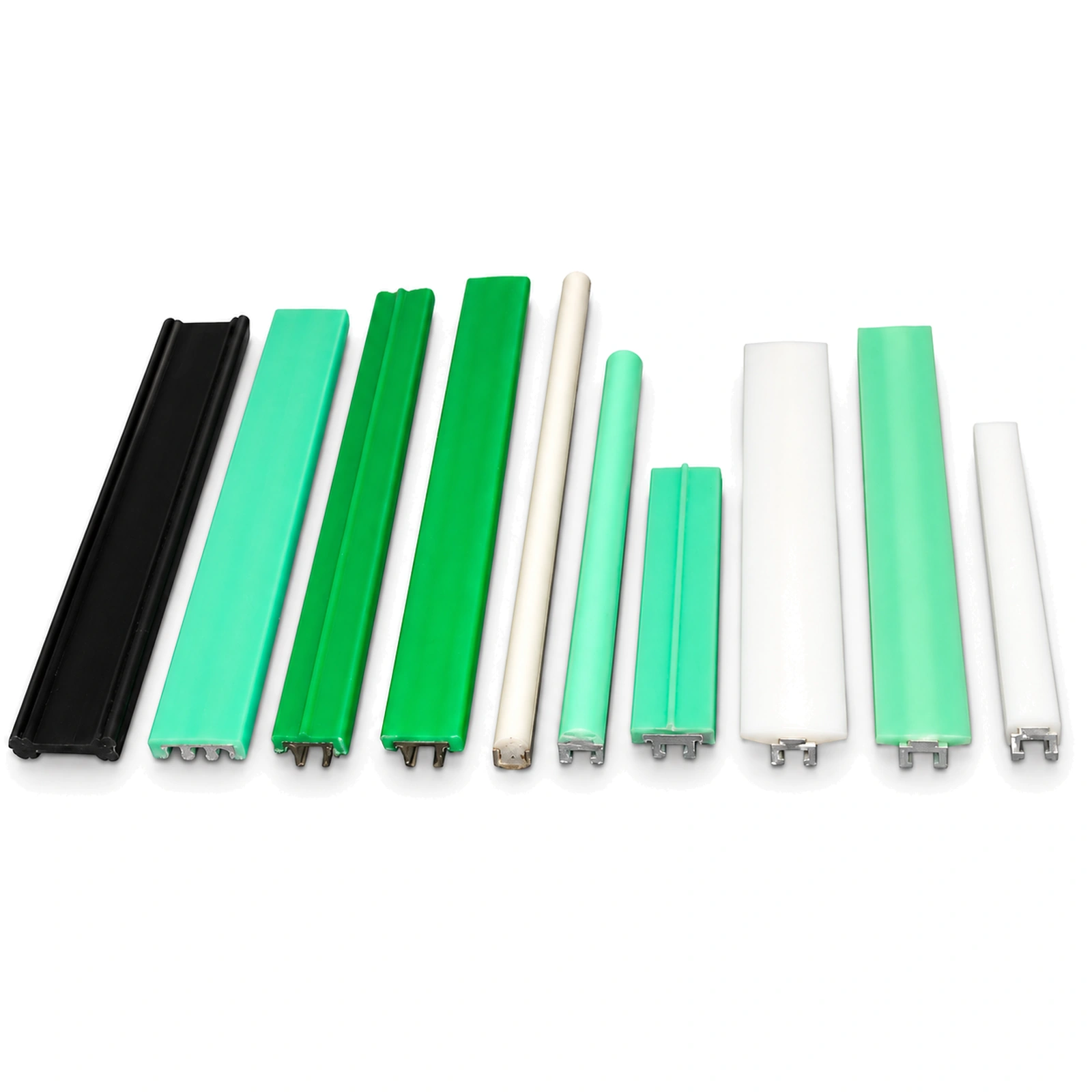 Black, green and white conveyor wear strip profiles on white