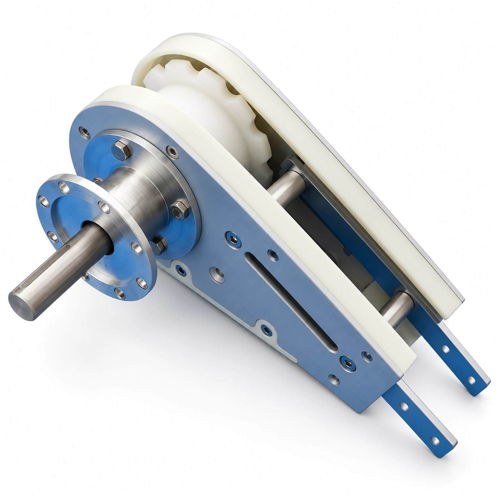 Close-up of drive shaft, flange, wheel and blue side plates