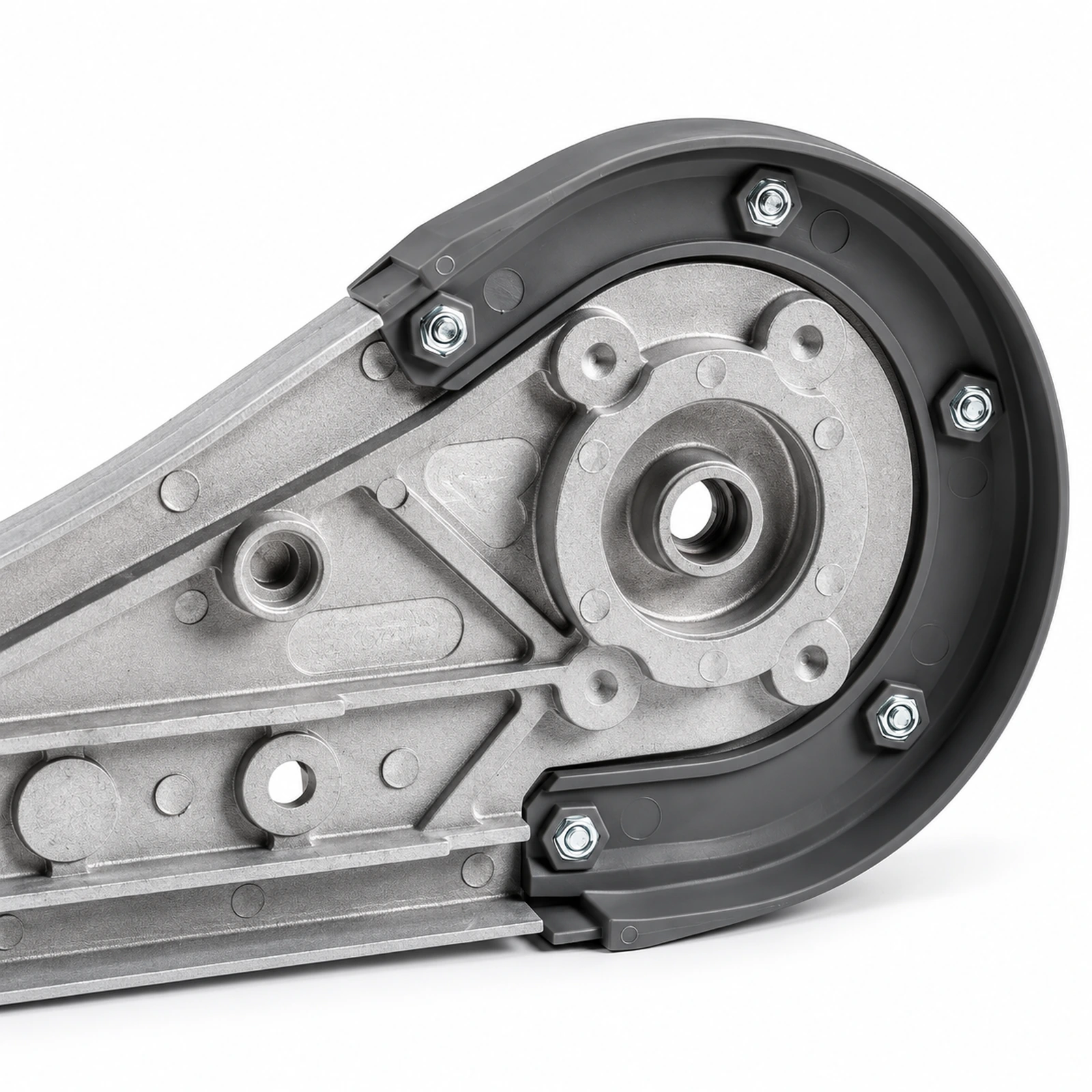 Close view of a metallic flexible chain end unit assembly