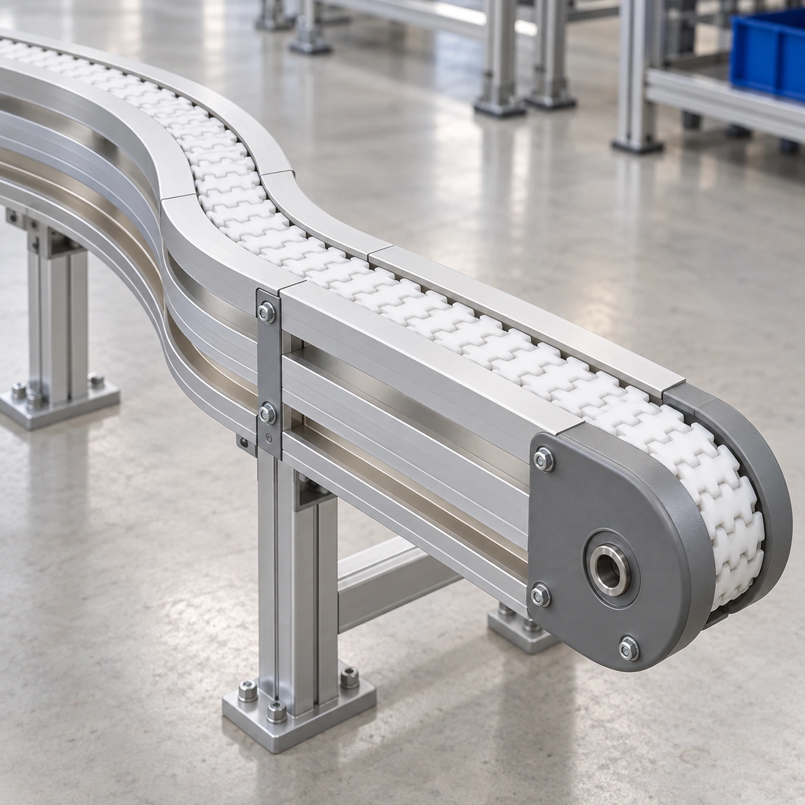 Flexible chain conveyor with a curved route and end unit