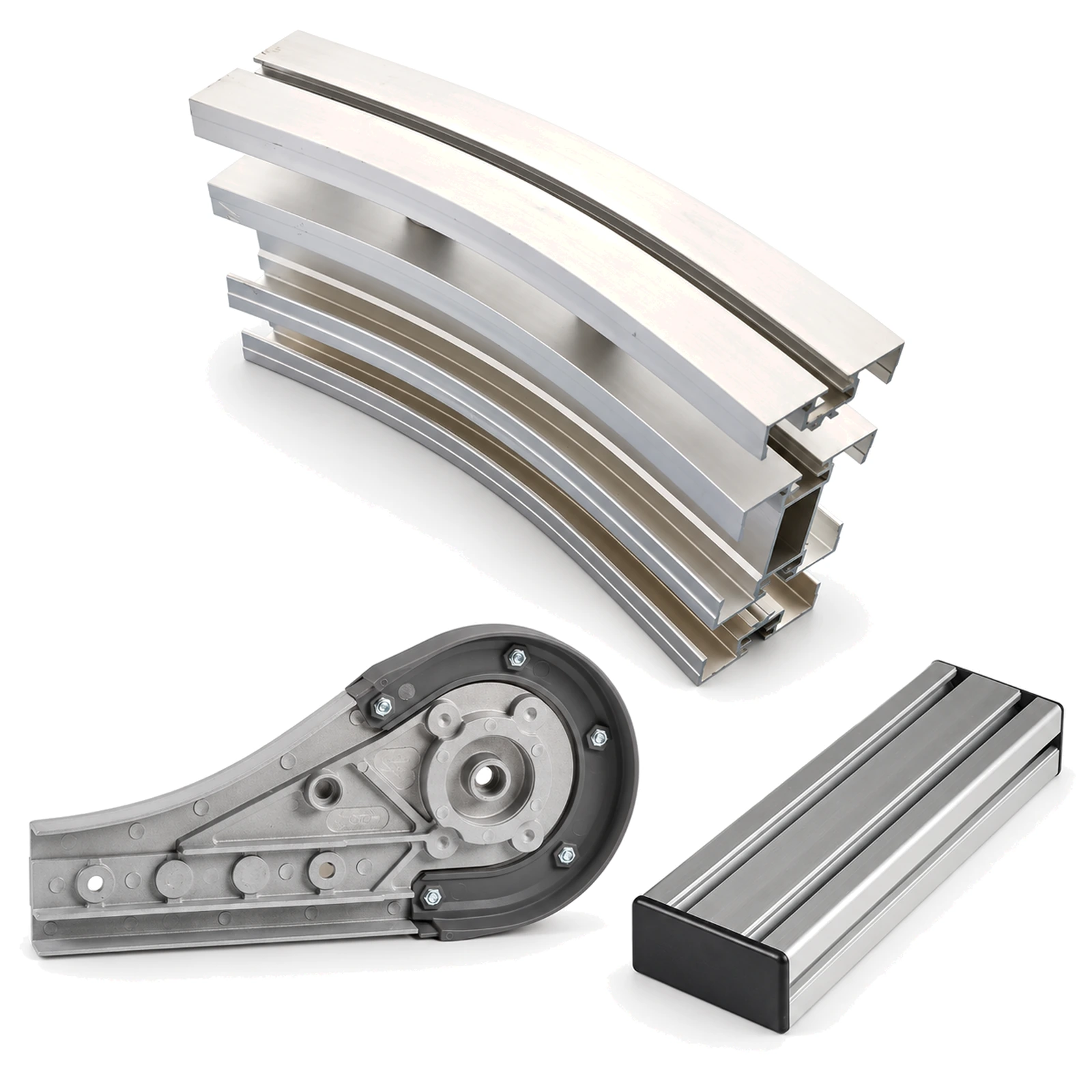 Flexible chain conveyor bend, end unit and beam components on white