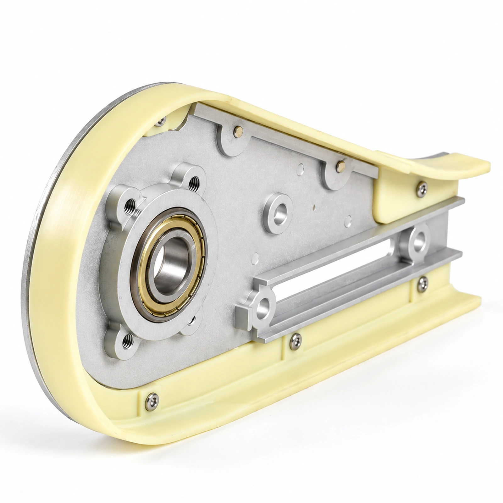 Close-up of an end unit bearing and side plates