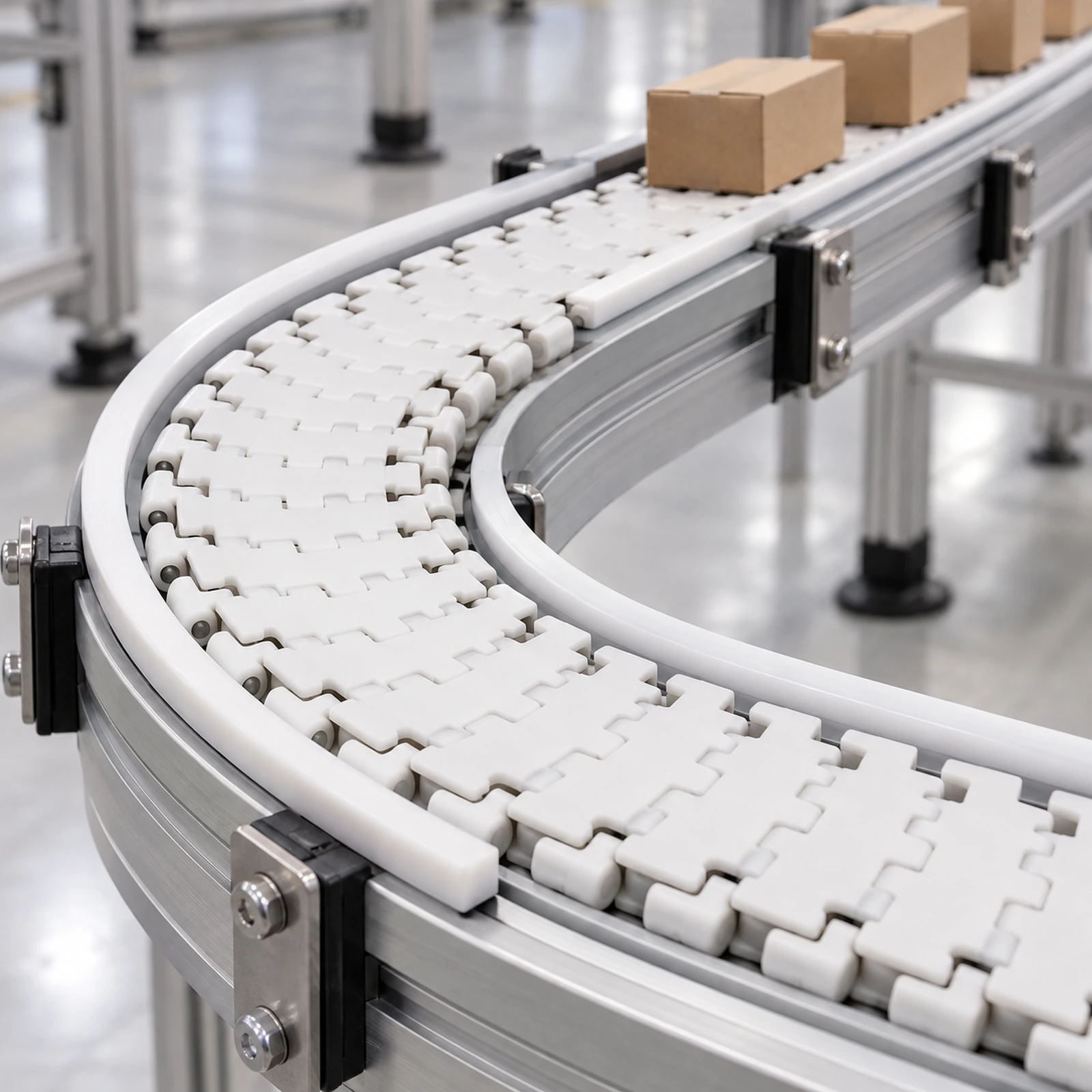 Illustration of white flexible chain following a curved conveyor beam