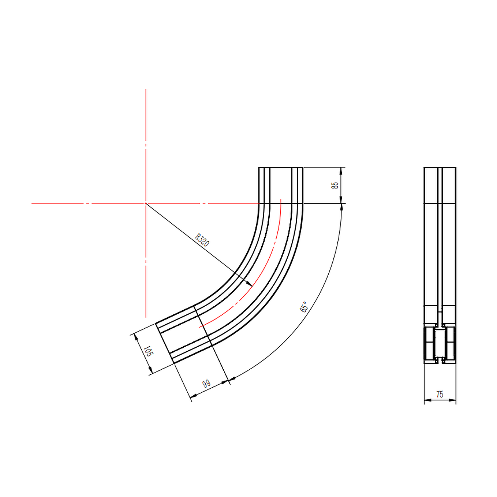 Technical drawing of a curved flexible chain conveyor section
