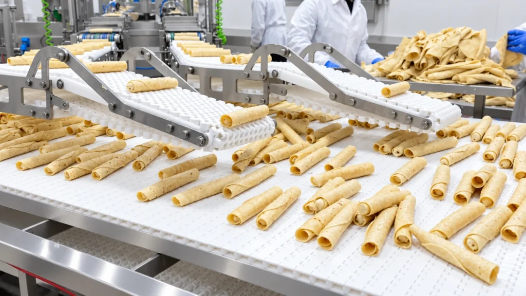 Food products on a conveying line