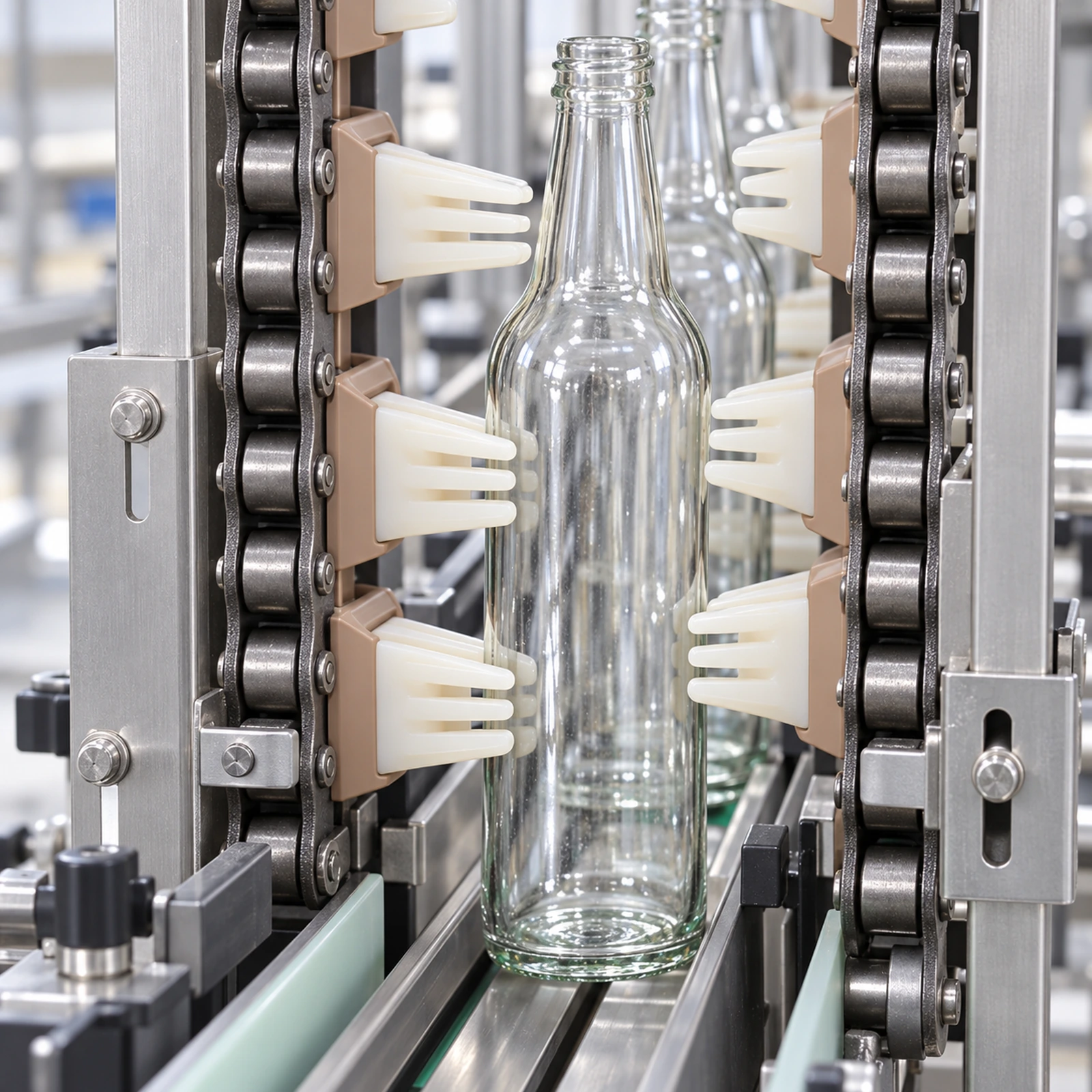 Illustration of gripper chains holding glass bottles during vertical conveying
