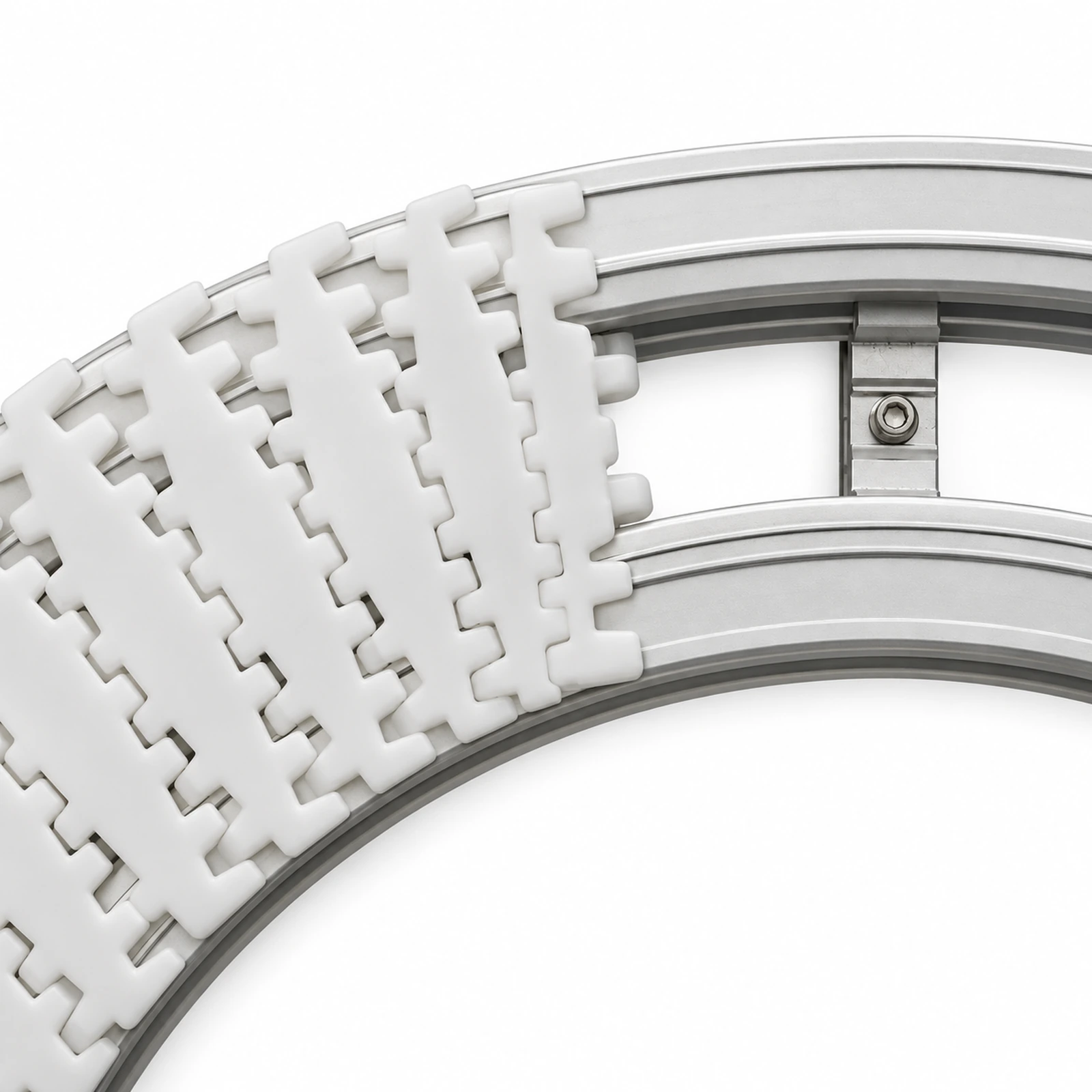 Close-up of chain links and horizontal bend guide track