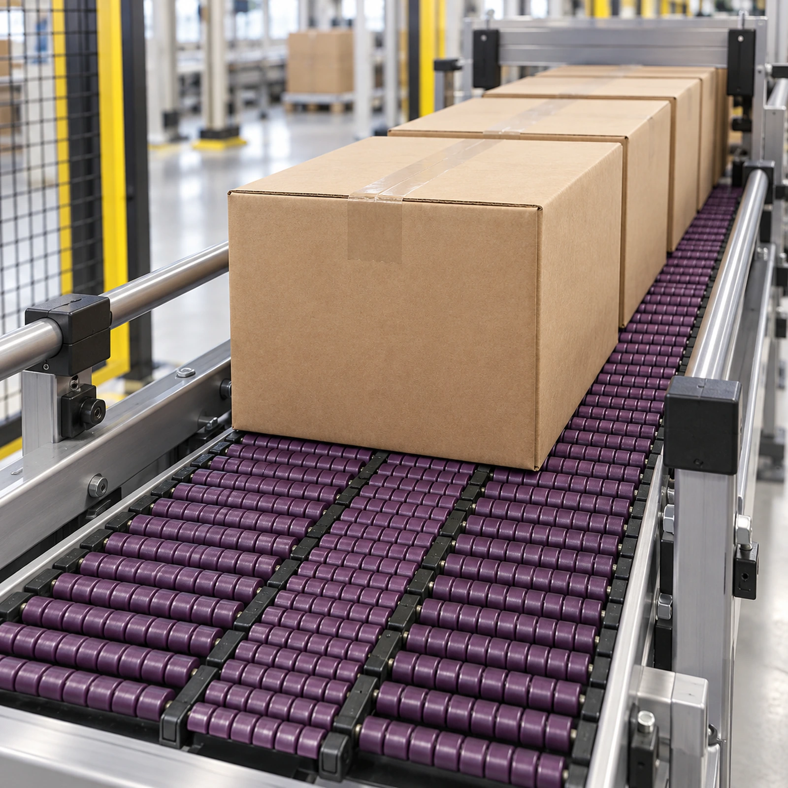 Illustration of cartons accumulating on purple roller-top chain
