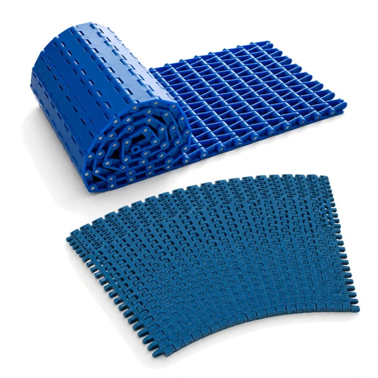 Two blue plastic modular belt forms on a white background
