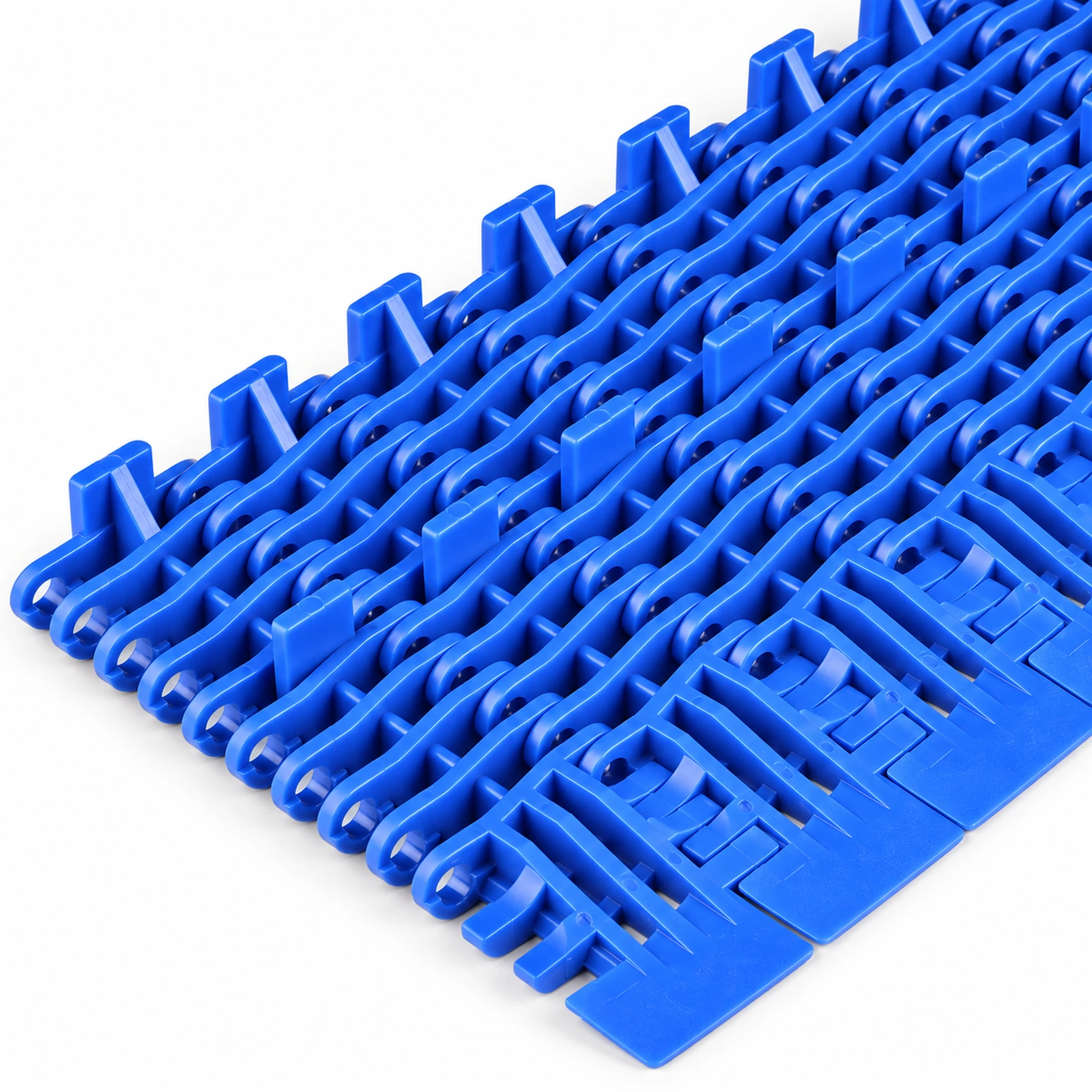 Close view of blue plastic modular belt hinges and underside