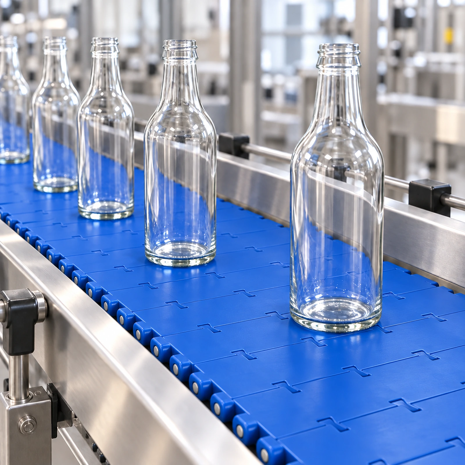 Illustrative scene of unbranded glass bottles on a blue plastic modular belt