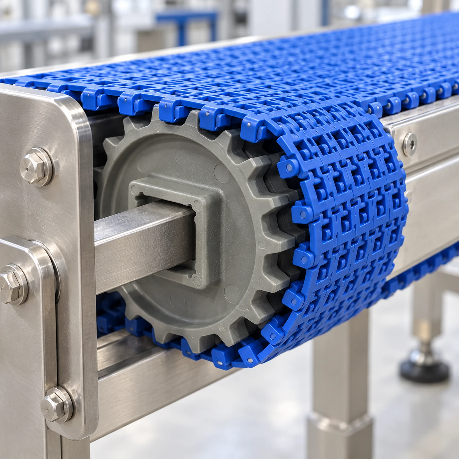 Illustration of a gray sprocket engaging a blue plastic modular belt