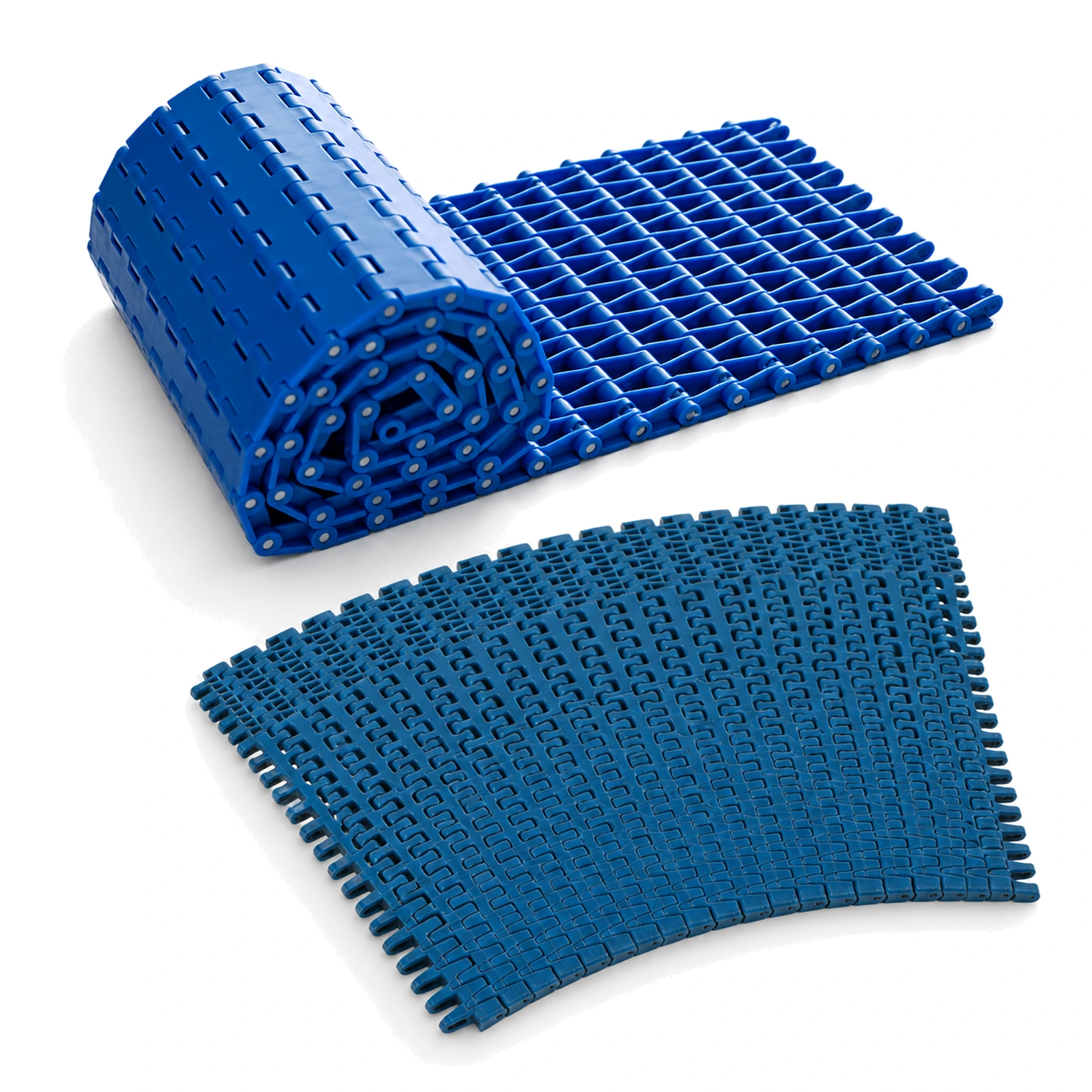 Two blue plastic modular belt forms on a white background