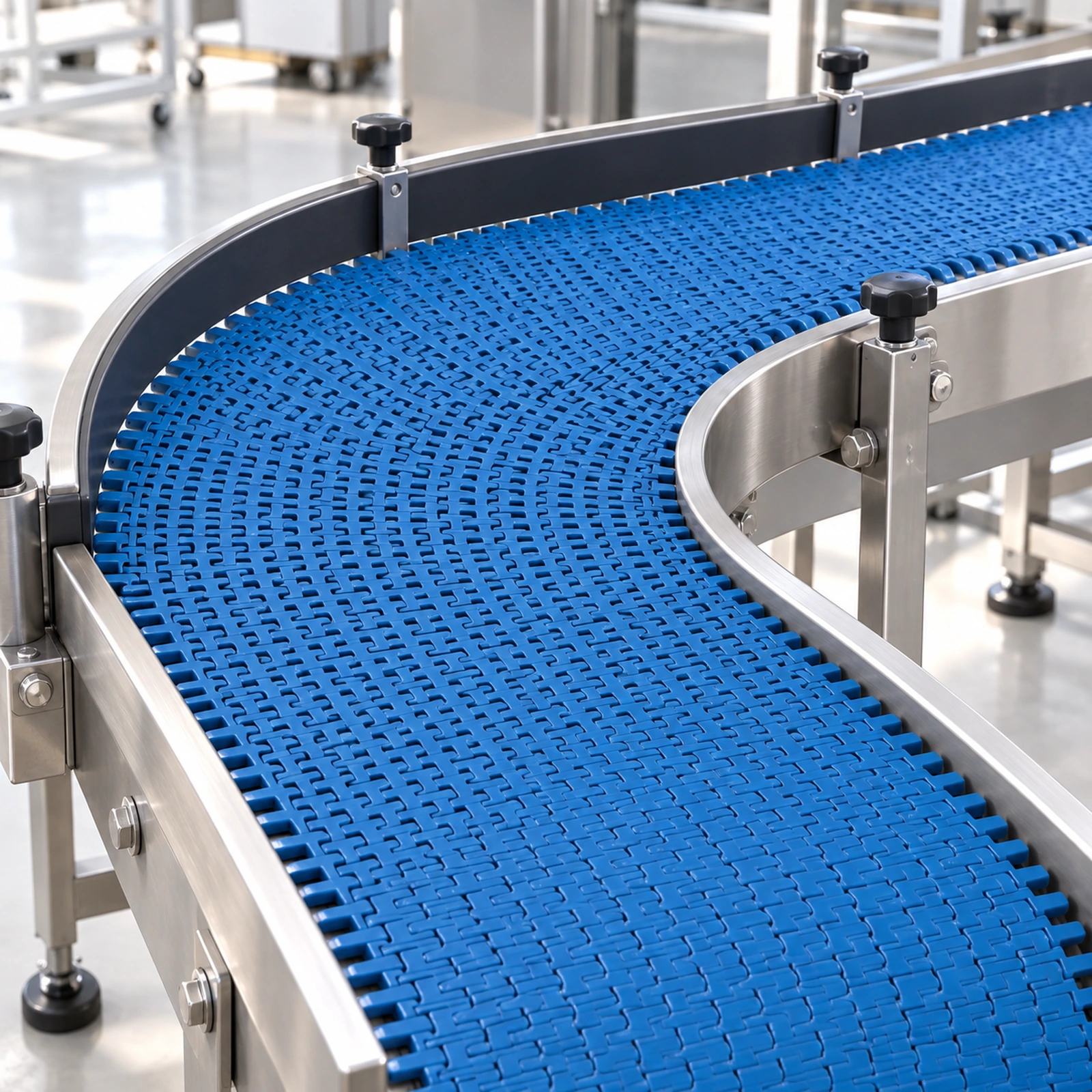 Illustration of a modular belt rounding a 90-degree conveyor turn